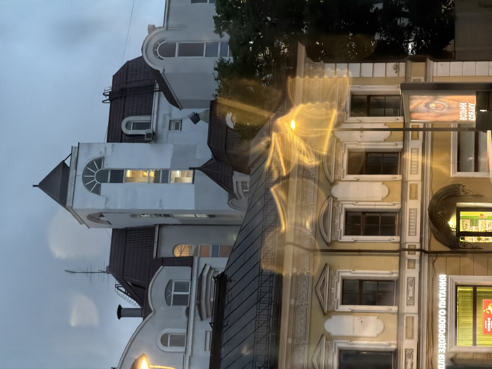 The image shows a street-level view of buildings in Moscow, Russia, at dusk or on an overcast day. The architecture is a mix of styles, with a light-colored, multi-story building with a distinct tower featuring arched windows dominating the upper portion of the frame. Below this is a darker, older building with a mansard roof and decorative facade. The foreground features a yellow building with ornate window surrounds, and at street level, a sign that reads "ДЛЯ ЗДОРОВОГО ПИТАНИЯ" (For Healthy Nutrition) is visible above a shop entrance. To the right, a lit advertisement displays a close-up of a dog's eye and the text "ВОЗЬМИ СОБАКУ" (Take a Dog). The scene is characterized by artificial lighting, including streetlights which create blurred yellow streaks across the image, suggesting it might have been taken through a window or in rainy conditions. The sky is overcast and muted in color. There are no people clearly visible in the frame.
