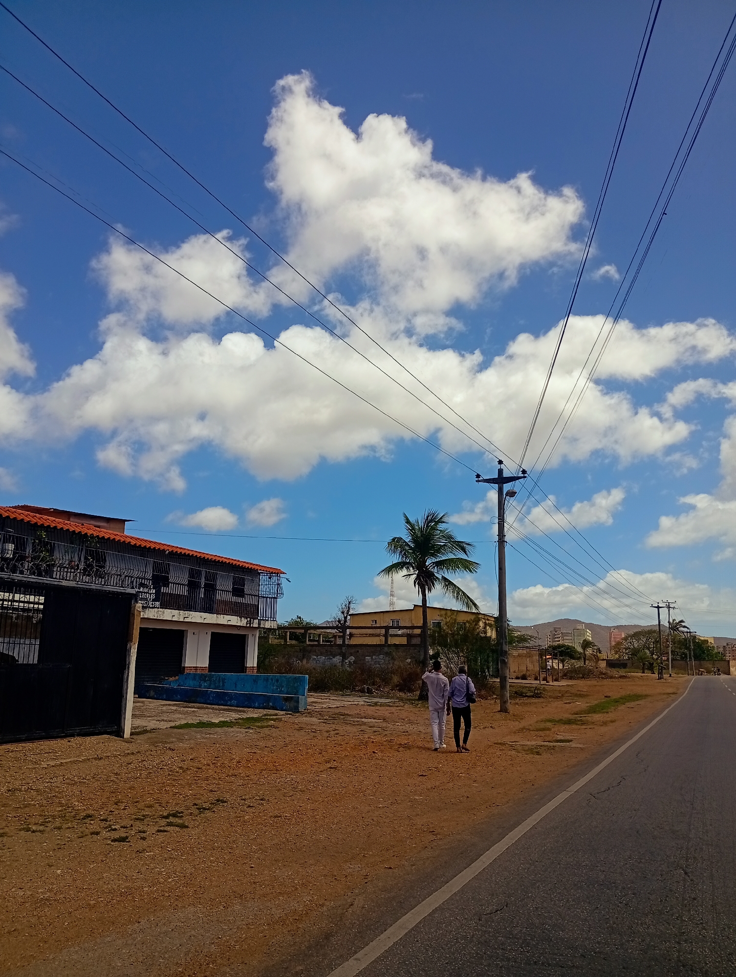 Two individuals, appearing to be male, are walking away from the camera along a dirt and gravel path adjacent to a paved road. The person on the left wears a light-colored shirt and white pants, while the person on the right wears a dark shirt and dark pants. They are walking towards the right side of the image. The environment is an outdoor scene with a clear blue sky featuring scattered white clouds. In the background, there are several buildings, a prominent palm tree, utility poles with numerous overhead wires, and a distant mountainous landscape. To the left of the path is a building with an orange roof and barred windows, possibly an establishment for rent, indicated by a sign that reads "ALQUILER LOCALES" with a phone number. Further to the left is a large black gate. The road is grey asphalt with a white line marking its edge. The ground on the left side of the road consists of reddish-brown dirt and gravel with sparse vegetation. The overall impression is a sunny day in a somewhat undeveloped urban or suburban area.