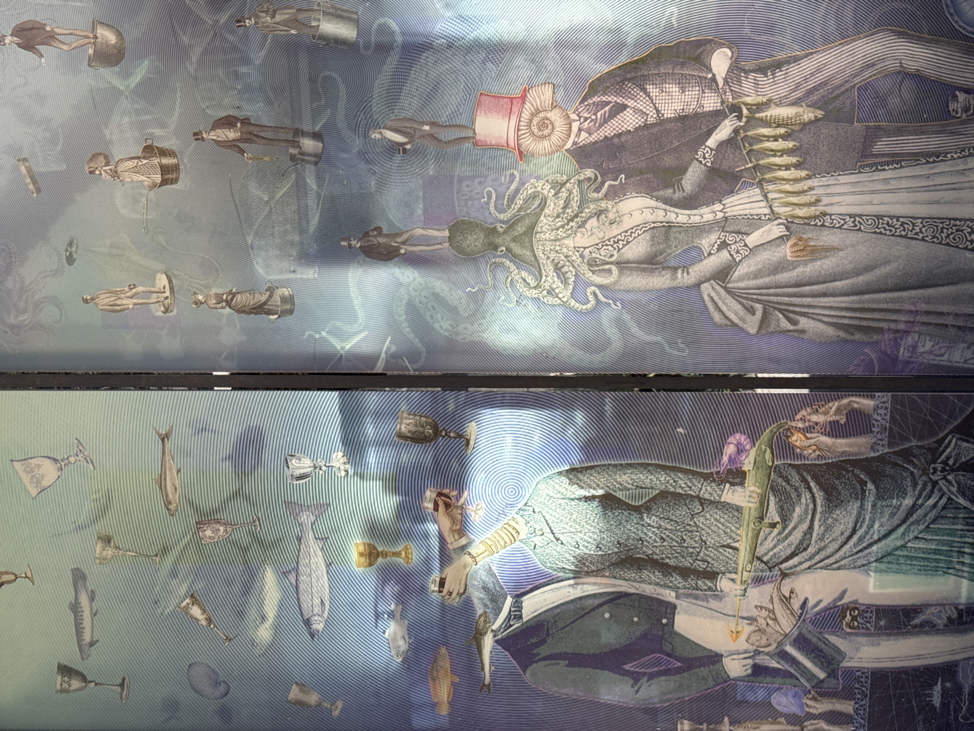 This surreal diptych artwork presents a fantastical, dreamlike underwater or otherworldly scene, rendered in a collage style combining vintage illustrations with textured backgrounds. The dominant colors are cool blues, greens, and grays, evoking an aquatic environment with concentric ripples and subtle patterns.
The upper panel features a prominent female figure on the right, dressed in a flowing, patterned gown and cloak, holding a cluster of small fish on what appears to be a fishing rod or series of hooks. To her left, another striking figure has an octopus's body with human-like arms and head, wearing a top hat. This panel also includes several smaller, formally dressed male figures in suits, some emerging from or standing in industrial-looking cylindrical containers. Subtle images of octopuses are faintly visible in the background.
The lower panel continues this theme, depicting a large figure on the right holding a goblet. To their left, various fish, ornate goblets, and glasses float freely. Another figure in formal attire is shown holding a spear-like object, from which several fish are suspended. More smaller figures in period suits, along with floating fish and seashells, populate the rest of this panel.
The art style combines detailed engravings with a layered background, giving it a whimsical and mysterious aesthetic, reminiscent of Victorian-era surrealism. The figures and objects are oriented at various angles, reinforcing the impression of a buoyant, non-gravitational setting. Visible glare and reflections on the surface suggest the artwork may be behind glass or have a glossy finish. There is no discernible text within the artwork.