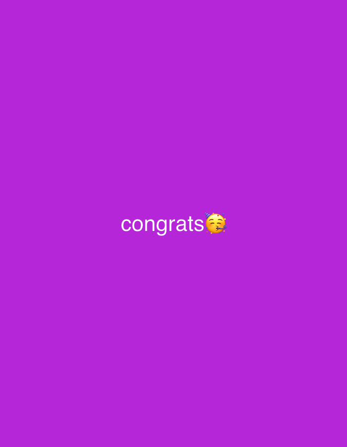 The image displays the word "congrats" next to a kissing face emoji with a party hat and confetti. The background is solid purple. There is no indication of location.