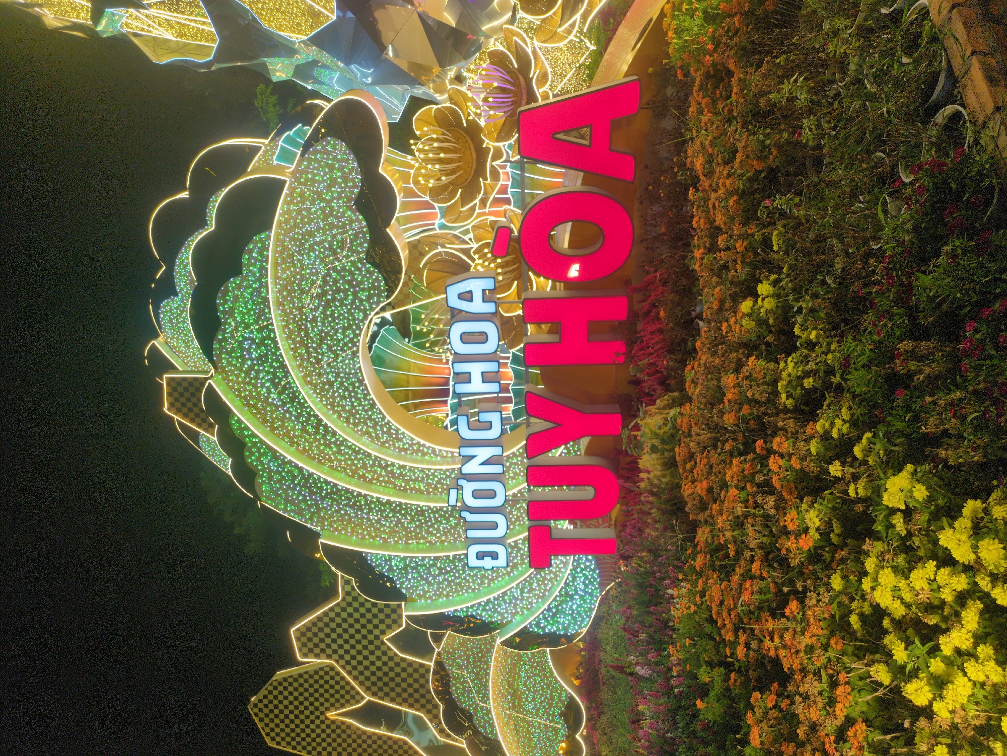 The image depicts a decorative structure and floral display at night, likely in the city of Tuy Hòa, Vietnam, as indicated by the sign reading "Đường Hoa Tuy Hòa," which translates to "Tuy Hòa Flower Street." The structure consists of illuminated, stylized shapes, including curving elements adorned with small, green lights. Above this, decorative gold-colored flowers are visible. A sign with bright red and blue letters reads "Tuy Hoa." A lush flower bed with varying shades of yellow, orange, and red is situated on the right. The background is dark, indicating the night setting.