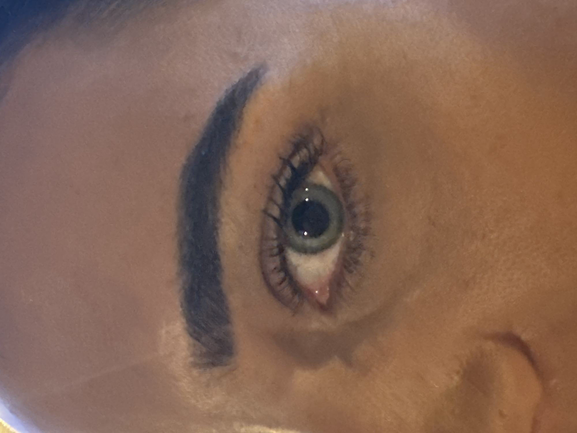 The image presents a detailed, close-up view of a human right eye, situated in Plovdiv, Bulgaria. The eye features a greenish-blue iris with a prominent dark pupil reflecting two distinct light sources, indicating controlled or artificial illumination. Dark, defined eyelashes are visible on both the upper and lower eyelids, suggesting the application of mascara. Above the eye, a neatly shaped and filled-in dark eyebrow frames the upper portion of the eye socket. The surrounding skin is of a medium, tanned complexion, exhibiting natural texture and visible pores, with subtle shadowing beneath the eye and a slight reddish tint in the inner tear duct area. A small portion of the nose bridge is visible on the far left.