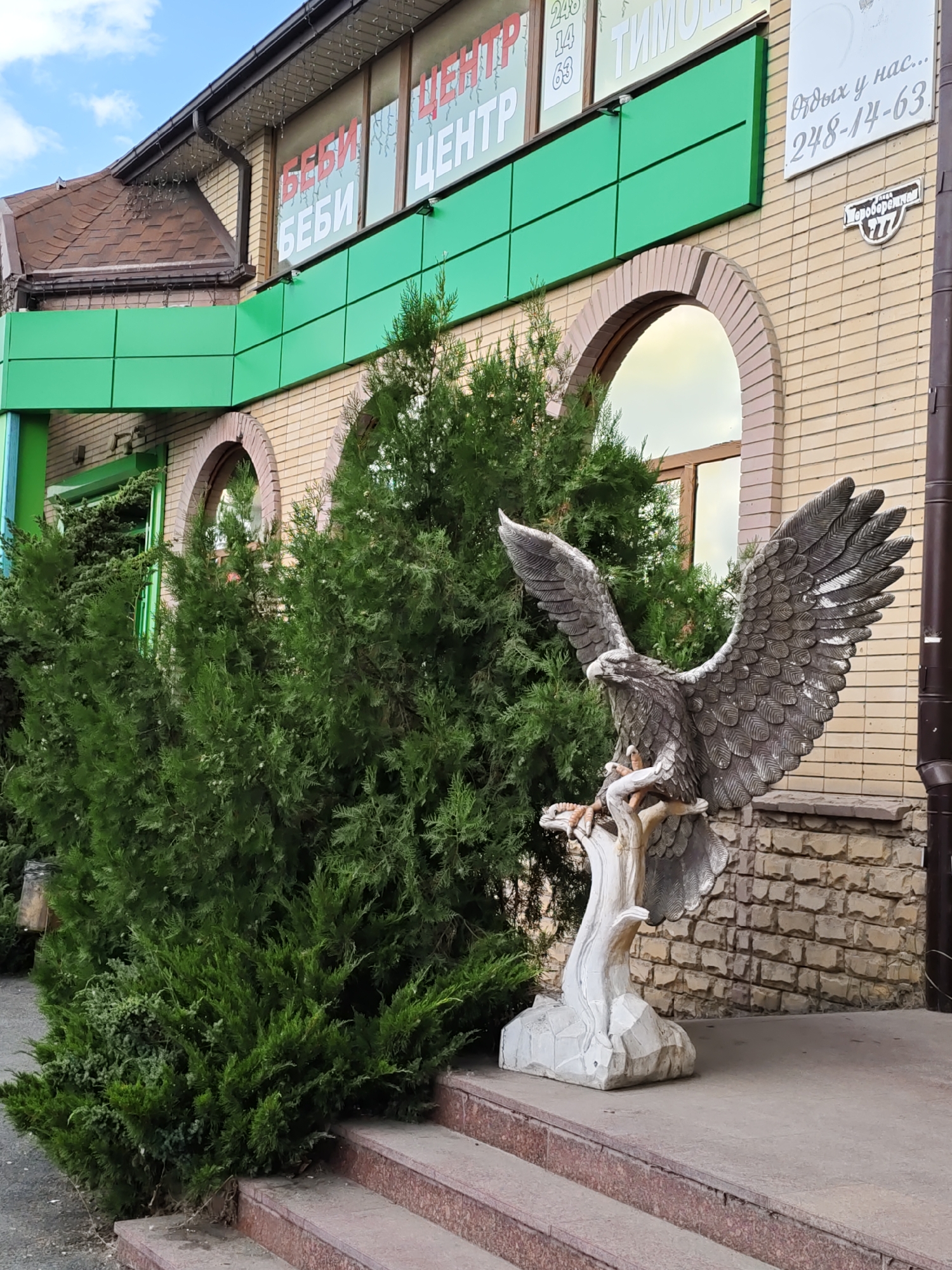 This image depicts the exterior of a building in Rostov, Russia. The building has a light-colored brick facade and a green-colored awning. There are large windows with signage visible, including "ЦЕНТР" (Center) and what appears to be "БЕБИ" (Baby) repeated. A street sign with "ул. Свободная" (Svobodnaya Street) and the number "777" is mounted on the wall. Below the windows, there is an arched architectural feature. In front of the building, a large stone sculpture of an eagle with spread wings is positioned on a decorative base. The eagle statue is situated on a concrete landing with stone steps leading up to it. A dense evergreen bush is located to the left of the eagle sculpture, partially obscuring the building's entrance. The sky is visible in the upper part of the image, with some clouds present. The overall scene suggests an entrance to a commercial establishment, possibly a family or children's center, given the signage.