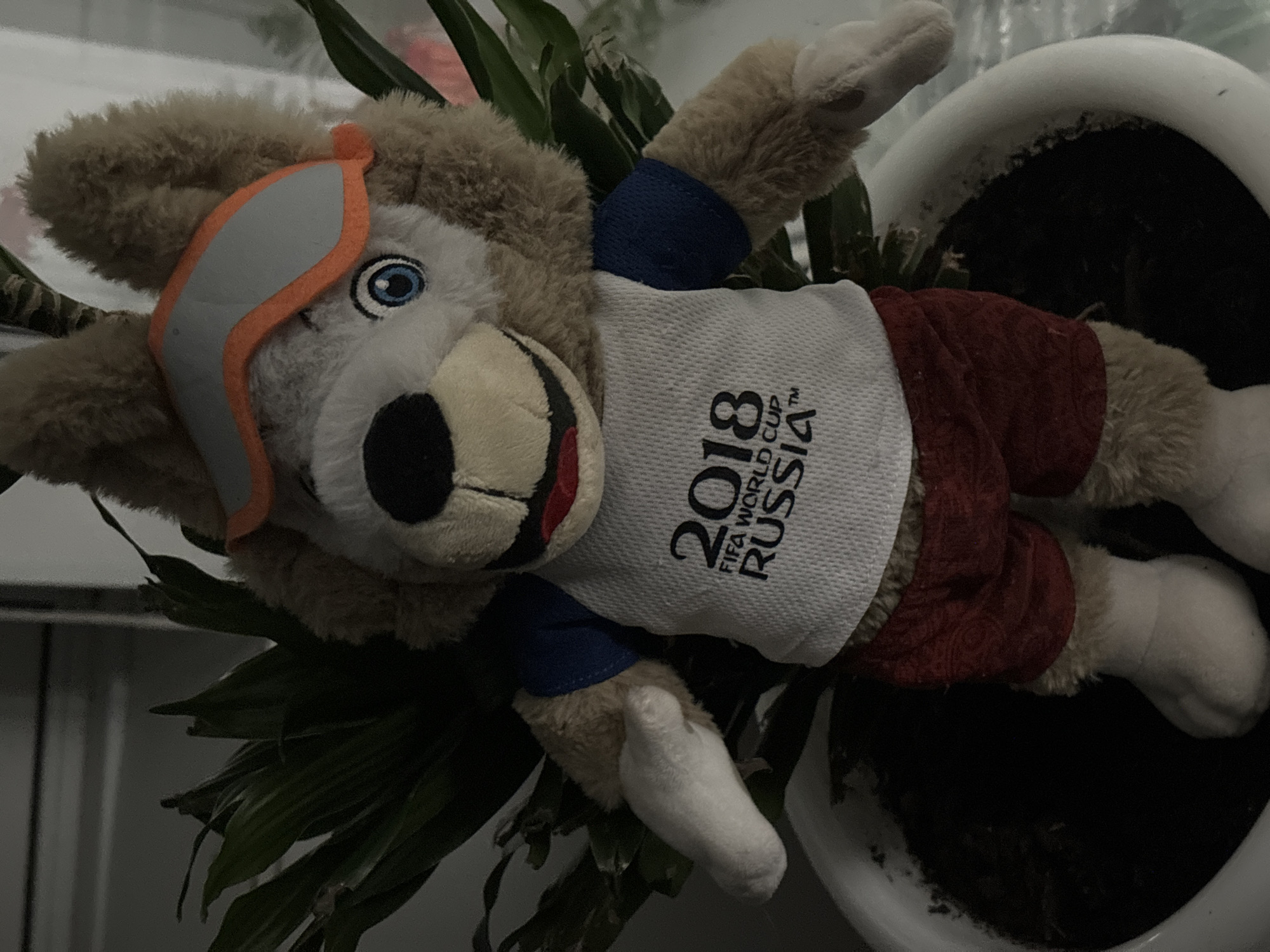 A plush toy of Zabivaka, the mascot of the 2018 FIFA World Cup in Russia, is resting among the leaves of a plant inside a white pot. The toy is dressed in a white t-shirt with the "2018 FIFA World Cup Russia" logo, blue sleeves, and red shorts. The toy's head is tilted towards the left. The background is blurry. The location in the city of Chaikovsky is not discernible from the image.