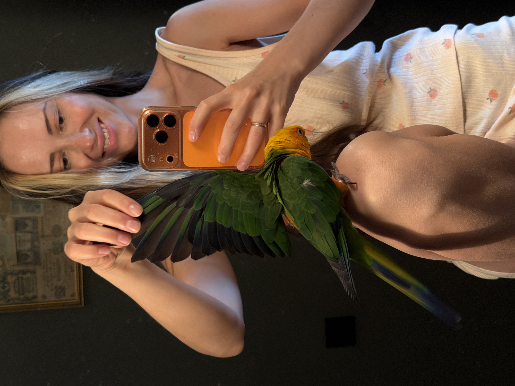 A woman with blonde and brown hair is taking a selfie with a Sun Conure parrot. The parrot is perched on her arm, with its wings spread. The woman is smiling and holding up her phone, which has an orange case. She is wearing a light-colored tank top with a peach pattern. The background is dark and appears to be an indoor setting, possibly a bedroom. There is a framed picture on the wall behind her. The image was taken on January 24, 2024. The location is a residence in Khimki, Russia.