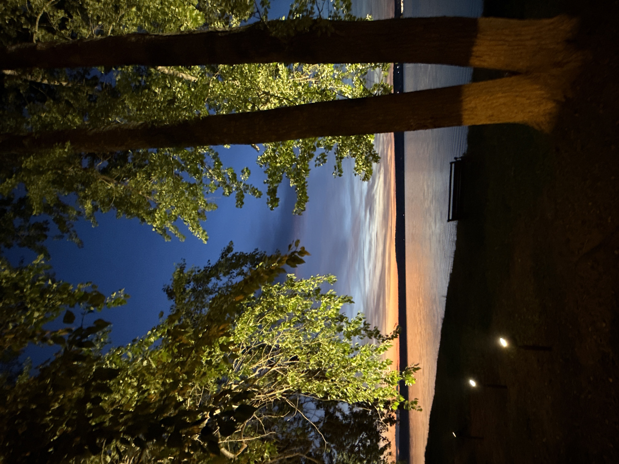 The image depicts a tranquil evening scene by a body of water, likely the Kama River, in Votkinsk, Russia. Two large trees with illuminated trunks frame the view of the water and the dusky sky. The trees are densely leaved and appear to be illuminated from below by artificial lights, casting a warm glow on their bark and foliage.
In the middle ground, a dark silhouette of a bench rests on a grassy slope overlooking the water. The water itself is calm, reflecting the soft hues of the twilight sky, which transitions from a deep blue overhead to shades of orange and pink near the horizon. A thin band of land is visible across the water.
In the foreground, a pathway lined with small, dark garden lights with upward-facing bulbs is visible. These lights are casting a soft glow on the ground, suggesting a well-maintained park or embankment. The overall atmosphere is peaceful and serene, with the natural beauty of the landscape enhanced by subtle artificial lighting. There are no people or animals visible in the image. The time of day is clearly dusk or early evening, indicated by the sky's coloration and the artificial lighting.