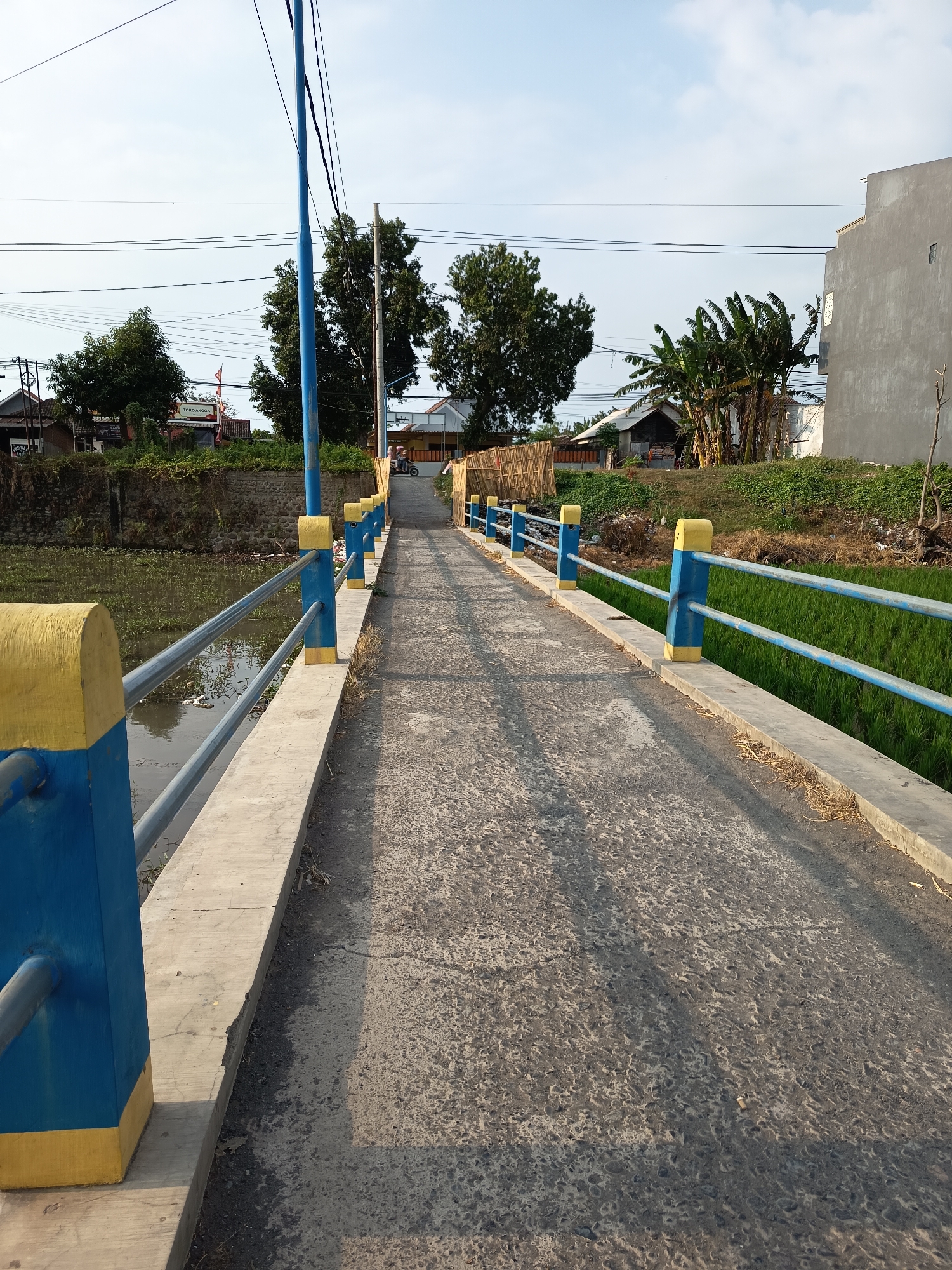 The image shows a narrow asphalt bridge with blue and yellow railings. The bridge spans over a body of water on the left and a green rice paddy on the right. The sky is partly cloudy. In the background, there are trees, houses, and utility poles. A motorcycle is visible on the bridge in the distance. The scene appears to be in a rural or semi-rural area, possibly in Kandangjati Wetan, Indonesia.