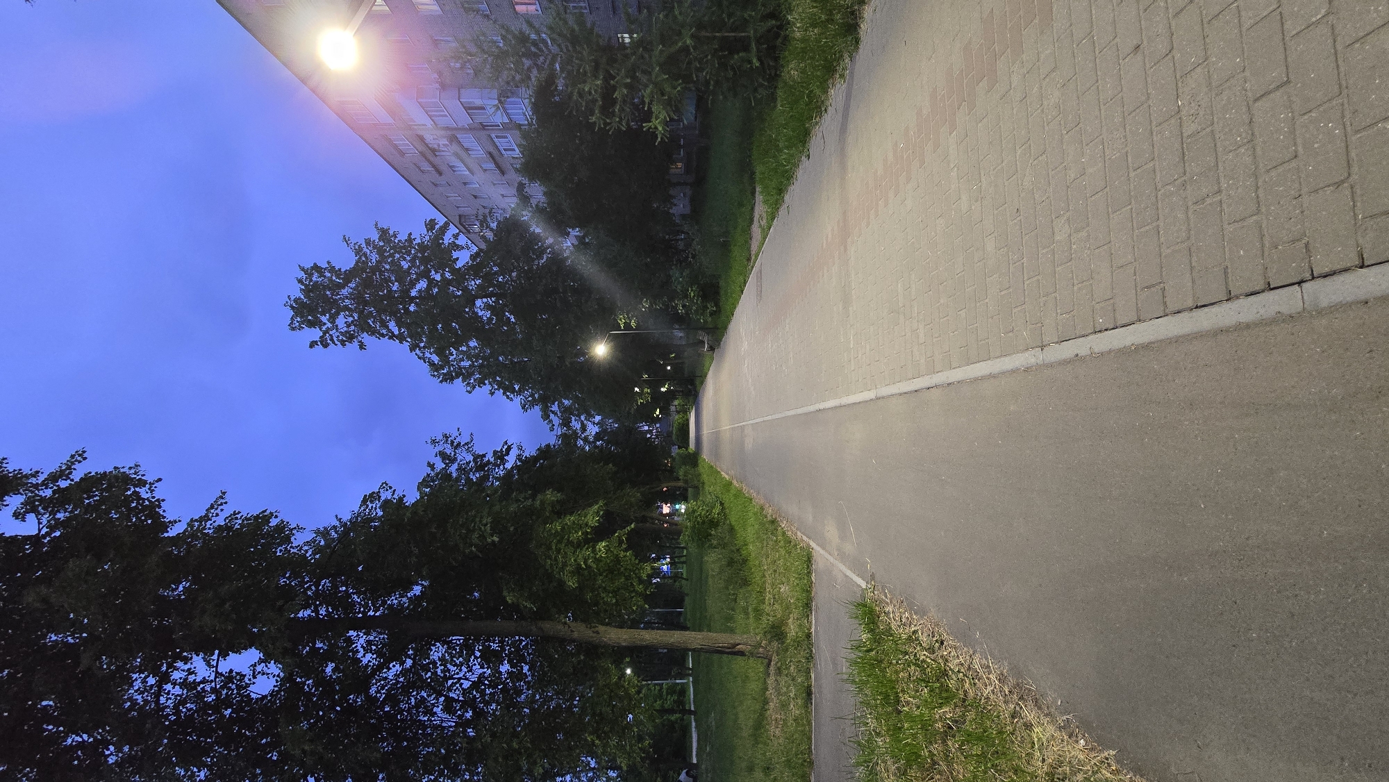 A long, empty pathway divides a grassy park on the left from a brick-paved sidewalk on the right. The pathway is illuminated by streetlights. On the right, a multi-story apartment building with many windows stands adjacent to the sidewalk. Trees line both sides of the pathway. The sky is a deep blue, suggesting it is either dusk or dawn. In the distance, the pathway curves to the left. The overall scene is tranquil and urban, located in Chaikovsky, Russia.