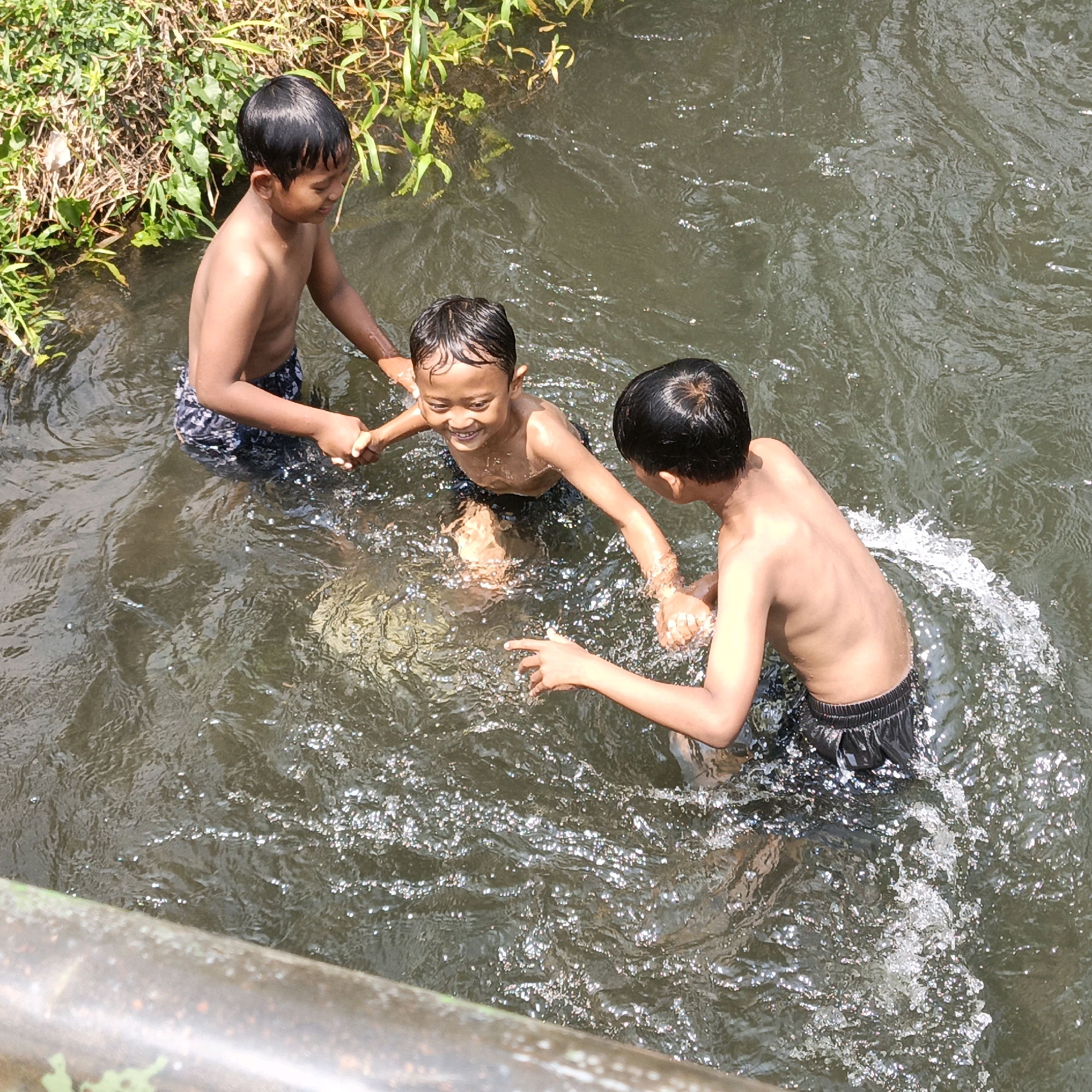 Three young boys are playing in shallow river water near a grassy bank. The boy on the left is standing, reaching out to the middle boy. The middle boy, who is laughing, is holding hands with the boy on the right and reaching towards the boy on the left. The boy on the right is looking towards the middle boy and splashing water. All boys are shirtless and wearing shorts. The water is murky and appears to be flowing. Lush green vegetation lines the bank of the river. The image is taken from an overhead perspective.