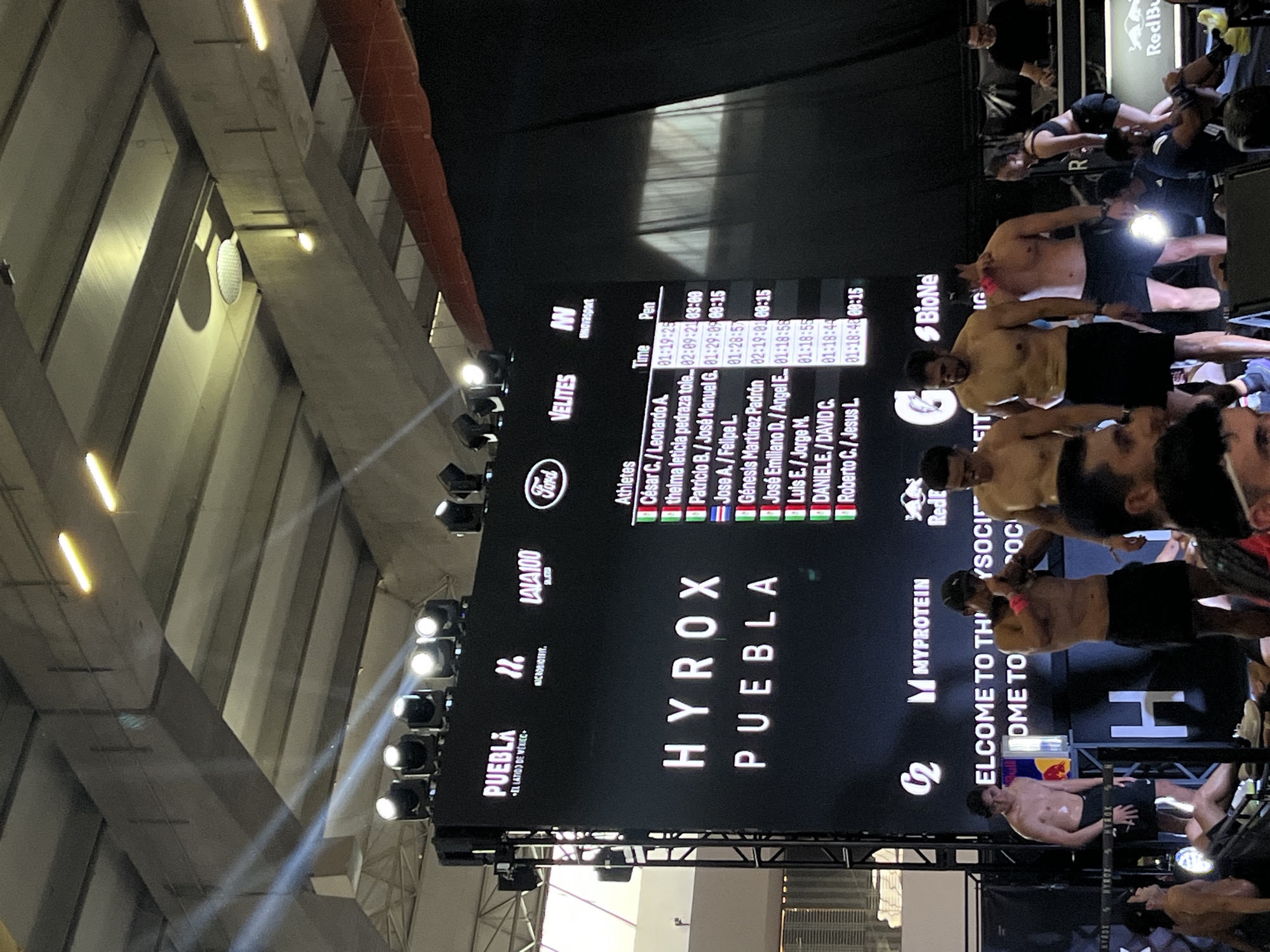 Here's a detailed description of the image:
**General Overview:**
The image is taken indoors, likely at a sporting event or competition. It's a bit tilted, looking up towards a large display screen, and includes parts of the venue structure and the crowd.
**Environment:**
The indoor venue is large, with a visible ceiling structure of white beams and track lighting.
**Display Screen:**
The main focus is a large electronic display screen showing event information for "HYROX Puebla". It displays logos for Puebla, MicrobioFit, Lala100, Ford, Velites, Inovasport, Myprotein, BioNe, and Red Bull. The screen lists athletes, times, and penalties in a race or competition setting.
**People:**
A crowd of shirtless men appear to be participating in the event, with some interacting near the finish or transition areas. Other people are in the background, likely spectators or event personnel.
**Objects and Actions:**
* Competitors are moving or resting after a likely strenuous activity.
* Visible logos of the competition and event sponsors.
**City Information:**
The sign clearly states "HYROX Puebla" as well as the official logo for "PUEBLA EL LATIDO DE MÉXIEC", which implies the event is taking place in the city of Puebla, Mexico.