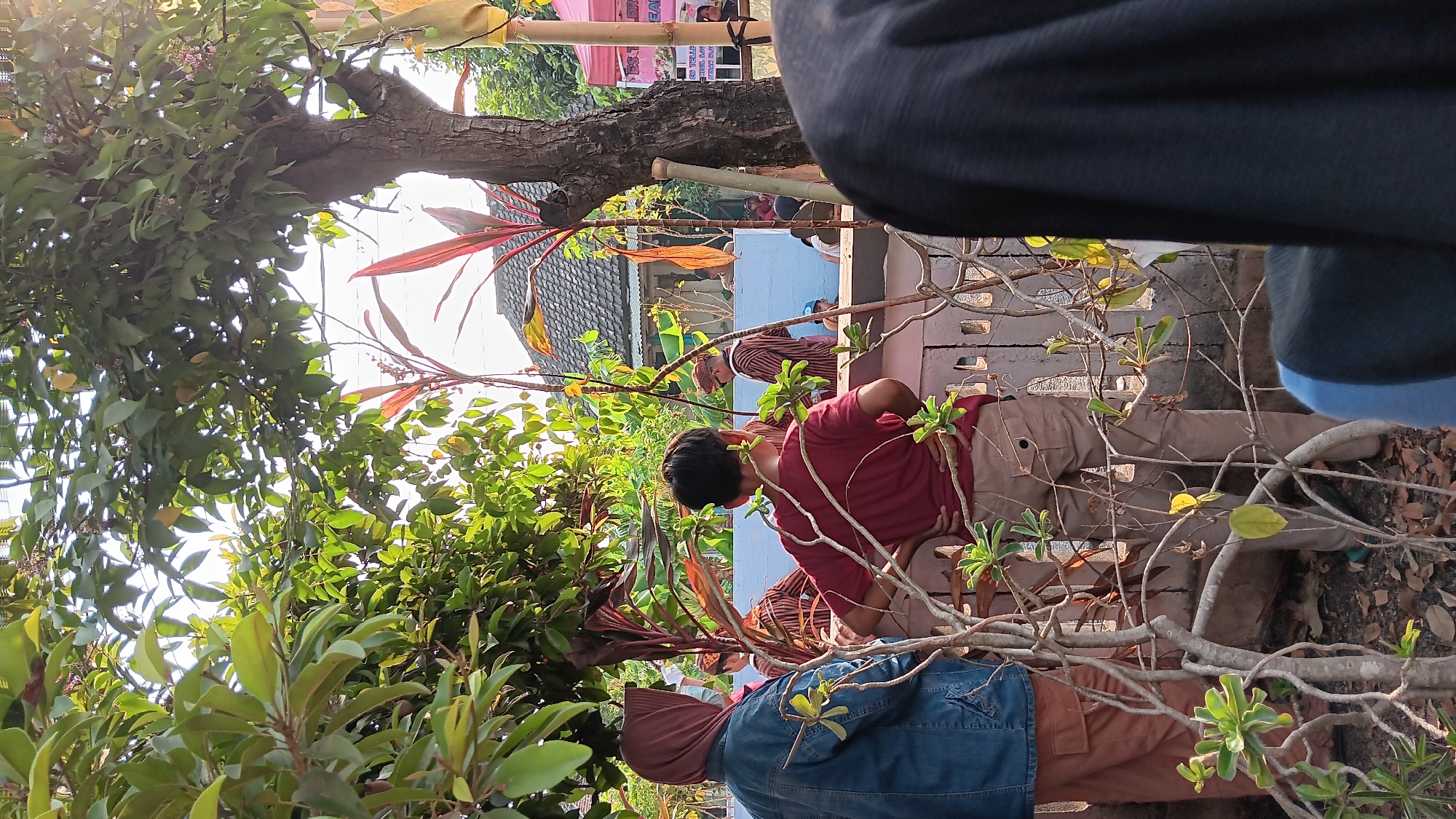 The image depicts an outdoor scene in Cerme, Indonesia, with a group of people gathered. In the foreground, a person wearing a dark headscarf and a blue denim jacket stands on the left, facing away from the camera. To their right, a person in a maroon t-shirt and tan pants is also facing away, with hands on their hips. Behind them, several individuals are visible, some wearing traditional striped clothing and head coverings. A low, textured wall runs horizontally across the middle ground. Beyond the wall, a tiled roof of a building is visible, along with trees and foliage. A pink tent or canopy is present in the far background on the right. The lighting suggests it is daytime, with sunlight filtering through the trees. The overall atmosphere appears to be a community gathering or event.