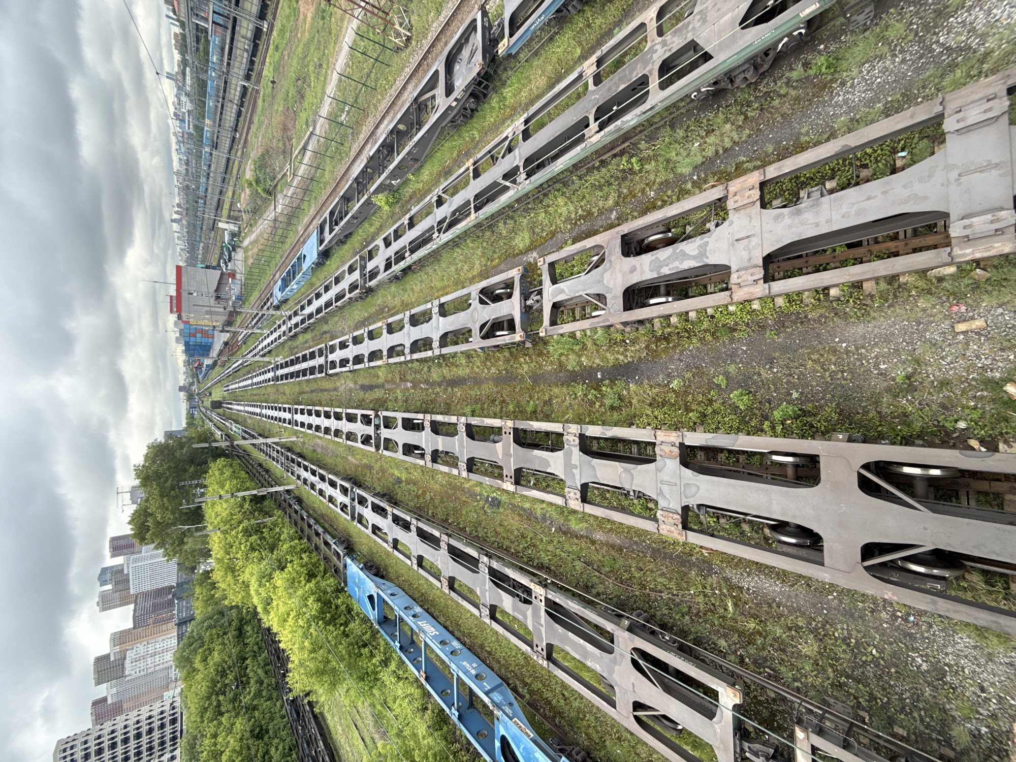 The image shows a railway yard in Moscow, Russia, with multiple tracks and train cars. The view is taken from an elevated position, looking down on the tracks which stretch out into the distance.
Several rows of railway cars are visible, some with a skeletal structure designed for carrying containers. The ground around the tracks is covered with grass and some gravel.
In the background, on the left side, a cityscape can be seen with a cluster of modern high-rise buildings. The sky is overcast with heavy clouds.