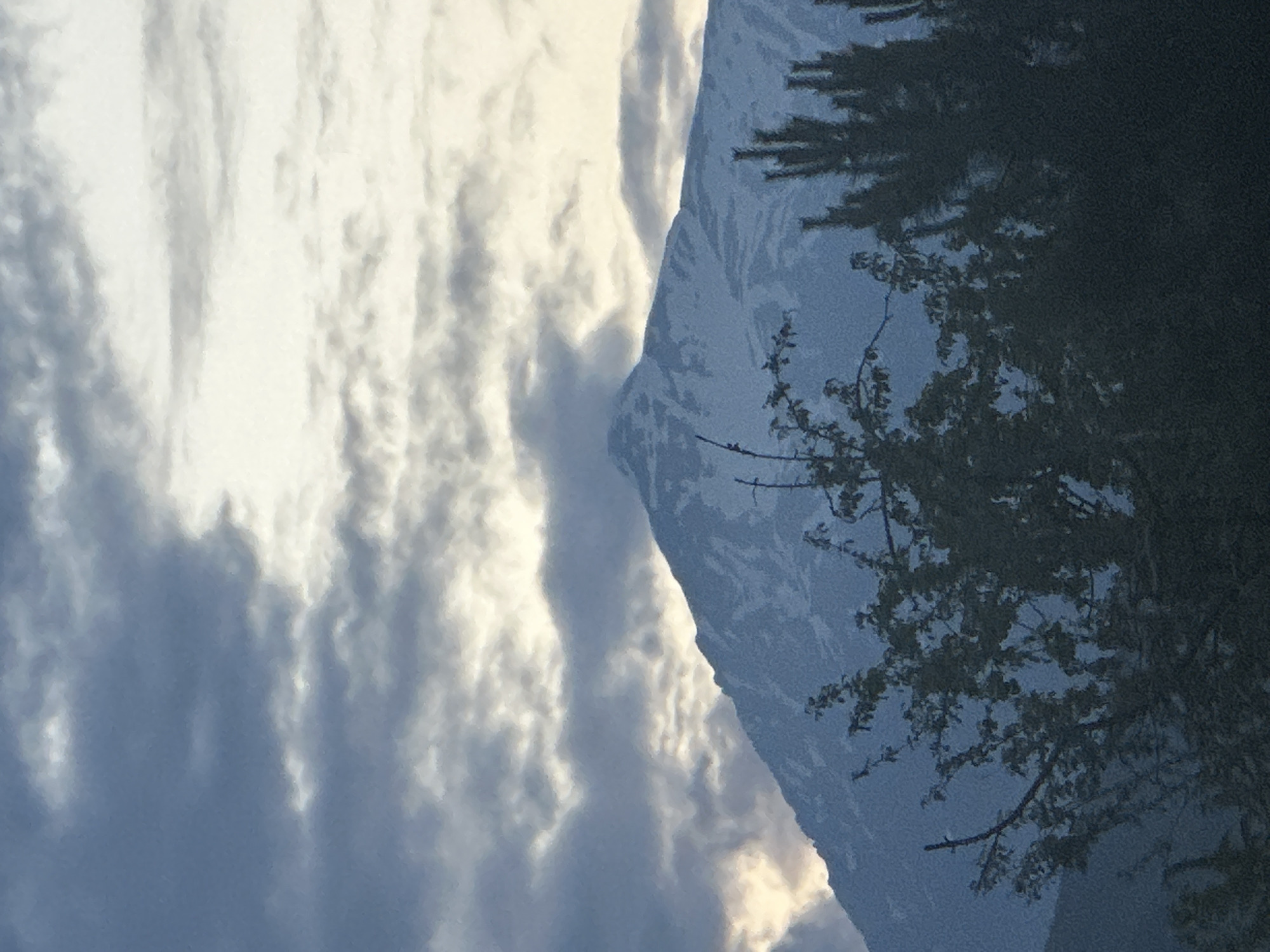 The image shows a snow-capped mountain peak against a cloudy sky. In the foreground, there are dark silhouettes of trees and branches. The lighting suggests it could be early morning or late evening. The mountain appears rugged with patches of snow. The clouds are varied, with some appearing dark and heavy, while others are lighter, allowing some sky to be visible. The overall atmosphere is somewhat dramatic due to the contrast between the light and dark elements. The location is identified as the city of Krasnaya Polyana, Russia.