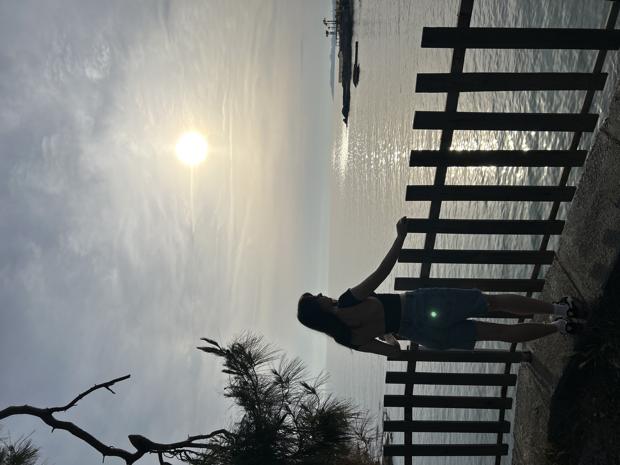 A woman is on a walkway above the sea in Alanya, Turkey. She is wearing a dark top and denim shorts and is holding onto a wooden railing. The sun is in the sky above the sea, and there is a land mass in the distance. In the foreground, there is a tree. The photograph appears to be taken at an angle.