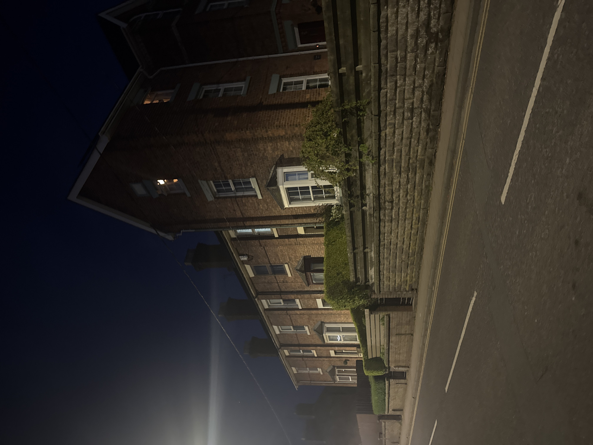 An eye-level, nighttime shot captures a brick building in Welshpool, United Kingdom, situated along a street with a painted white line. The building features multiple windows, some trimmed with white casings, and is partially covered in greenery. A low brick wall runs along the building's edge. The street is paved and marked with a solid yellow line. The night sky is dark. A lamppost partially illuminates the building, casting shadows on the brickwork.