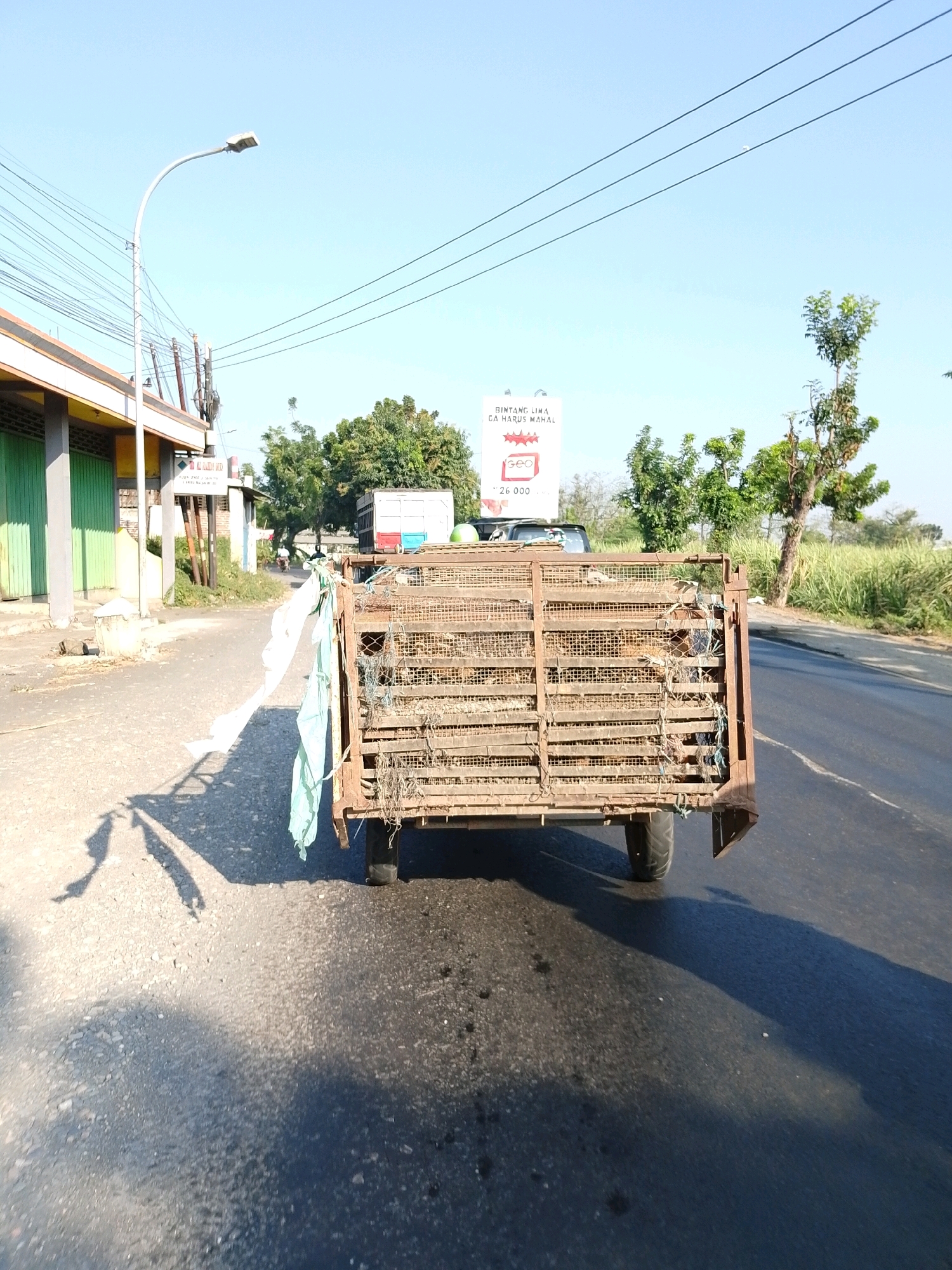 The image depicts a roadside scene in Pasuruan, Indonesia, under a clear blue sky. In the foreground, a rusty, open-bed trailer is being towed, loaded with stacked wooden crates covered with netting. A light blue and white plastic sheet is draped over the side of the trailer, fluttering in the breeze. The trailer casts a long shadow on the asphalt road, which shows signs of wear and some damp patches.
To the left of the road, there is a sidewalk and a row of buildings with green doors and faded yellow accents. A street lamp on a curved pole stands near the buildings. Further down the road, a billboard with Indonesian text is visible, accompanied by trees and tall grass lining the right side of the road. In the distance, another vehicle and a person on a motorcycle can be seen on the road. The overall environment suggests an urban or semi-urban area with commercial establishments and natural vegetation present.