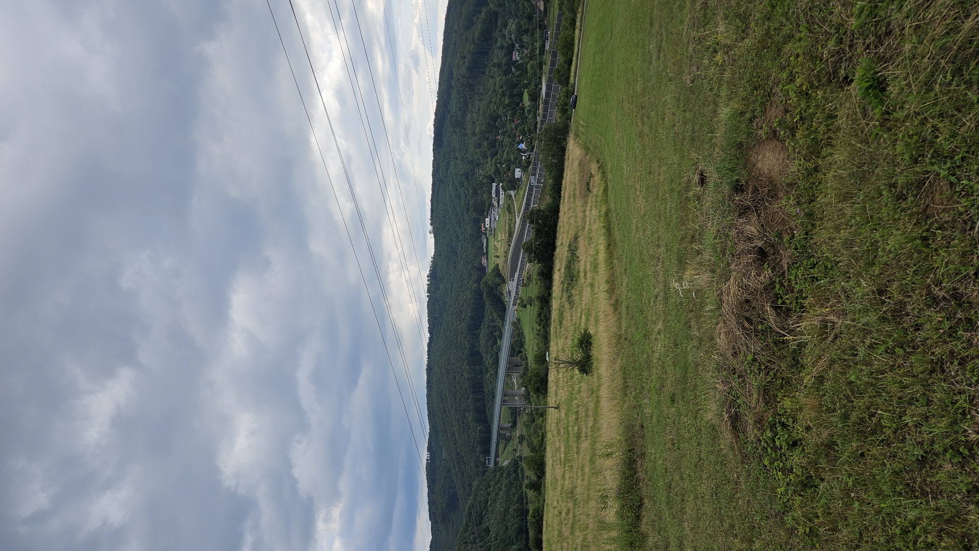 The image shows a landscape view with a highway bridge and a forested hill in the background. The foreground consists of a grassy field with some dry grass and small green plants. Several power lines stretch across the upper part of the image. The sky is cloudy and overcast. In the middle ground, a highway with sound barriers runs along the base of the hill. A car is visible on the highway in the right side of the image. The hill is covered with dense green forest. There are a few scattered houses visible on the slope of the hill. The image appears to be taken from a higher vantage point, looking down towards the valley. The overall scene is one of a rural landscape with infrastructure integrated into it. The location is in Prešov, Slovakia.