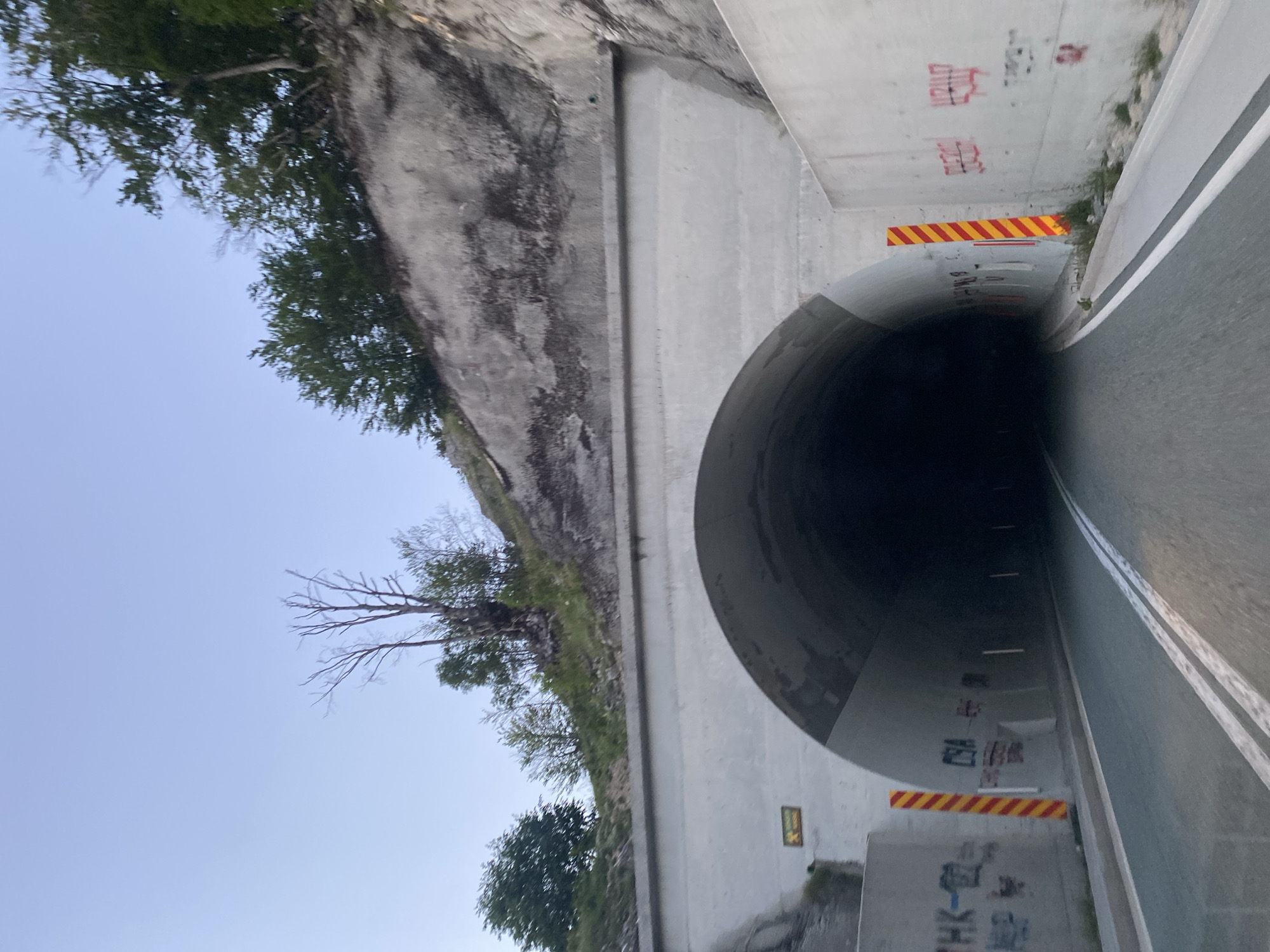 The image shows a road leading into a concrete tunnel, located in the city of Šavnik, Montenegro. The tunnel is illuminated by interior lights, casting a dark shadow within. The exterior of the tunnel is adorned with graffiti, and caution signs are posted on either side. The road itself is paved and marked with white lines. The surrounding landscape features a rocky hillside covered with trees. The sky is clear and pale blue.