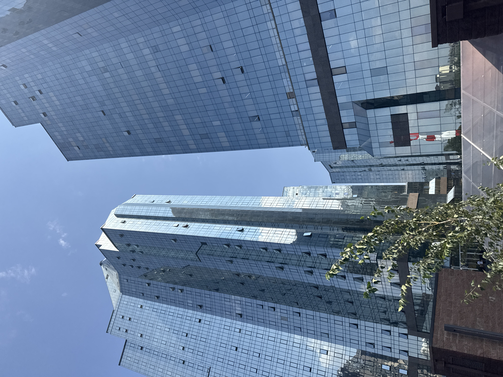 The image depicts a cluster of modern glass skyscrapers in Almaty, Kazakhstan, under a clear blue sky. The buildings feature reflective glass facades that mirror the sky and surrounding structures. Some windows on the skyscrapers are open. In the foreground, a branch of a leafy tree extends into the frame from the left. To the right, a section of a building with dark horizontal accents and glass windows is visible, with a reflection of a red and white striped structure on its glass facade. The scene appears to be an urban setting, likely an office or business district, given the architectural style of the buildings.