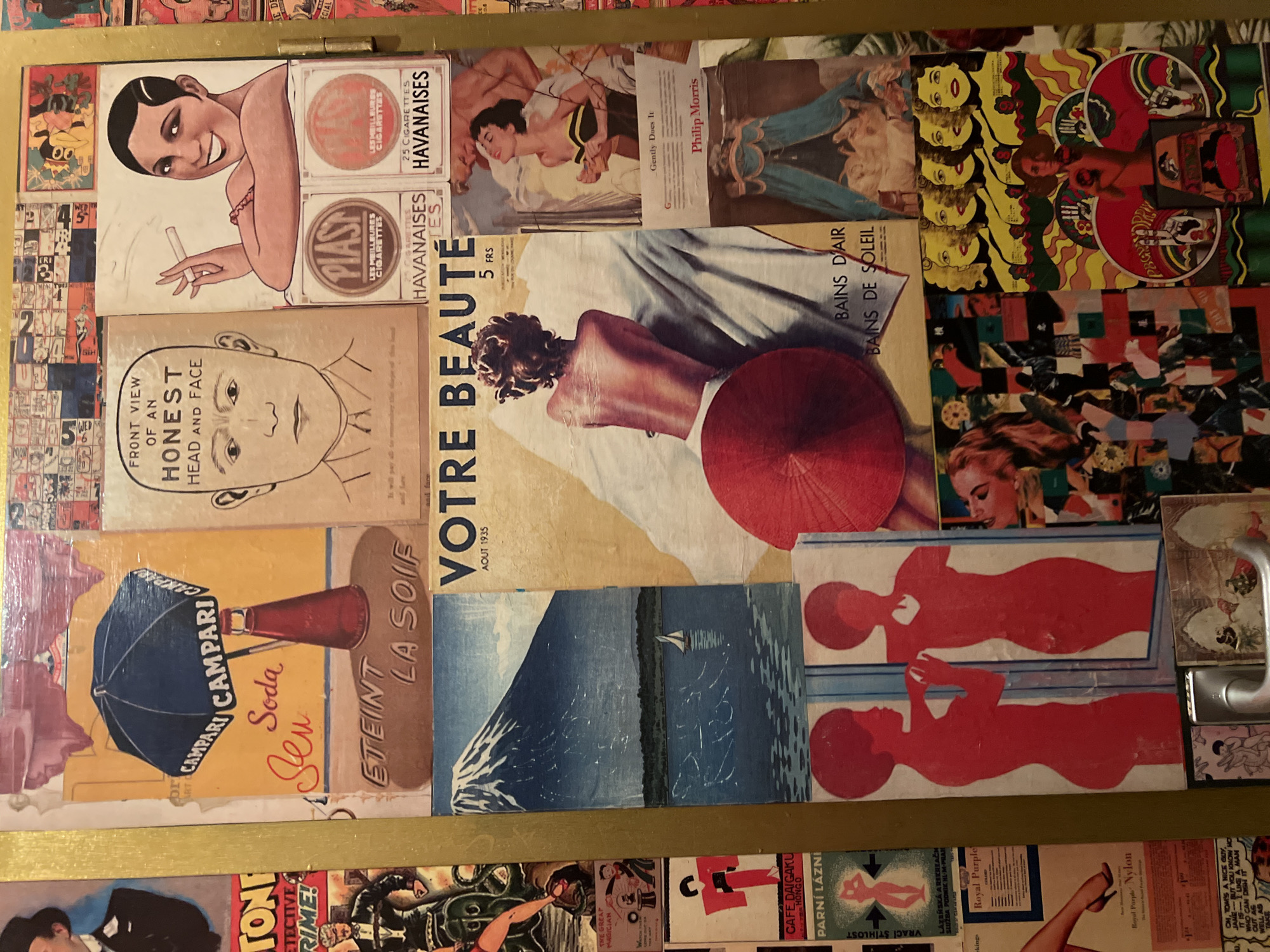 The image shows a collage of vintage advertisements and images, possibly mounted as a decorative panel or artwork. The scene features advertisements for "Havaniases" cigarettes, "Campari Soda", and a magazine called "Votre Beauté". There is also an image of Mount Fuji and advertisements for various products and services. It is difficult to pinpoint a precise location in Berlin, Germany or definitively determine the scene's environment based solely on this image.