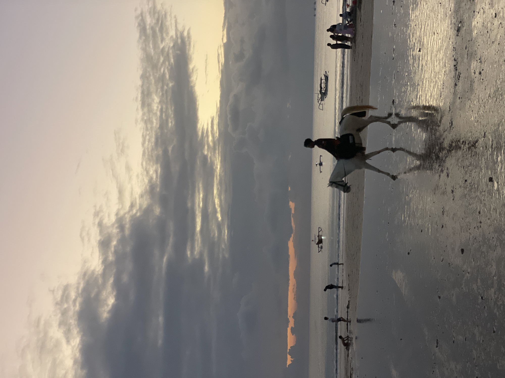 The image depicts a serene beach scene at dawn or dusk. The sky is a gradient of soft pastel colors, transitioning from pale yellow at the horizon to a light pinkish-purple, with dramatic, heavy clouds scattered across the upper portion of the frame. The sea is calm, reflecting the muted colors of the sky.
In the foreground, a white horse is walking along the wet sand of the beach, its hooves creating ripples in the shallow water. A person is riding the horse, silhouetted against the sky. The rider is wearing dark clothing.
Further down the beach, several figures are visible. To the left, there are at least three people standing or crouching near the water's edge. To the right, a group of about five people are gathered, some appearing to be sitting. In the mid-ground, several traditional wooden boats with outriggers are anchored in the shallow water. The wet sand in the foreground reflects the light and the figures on the beach, creating a sense of depth. The overall mood of the image is peaceful and tranquil.