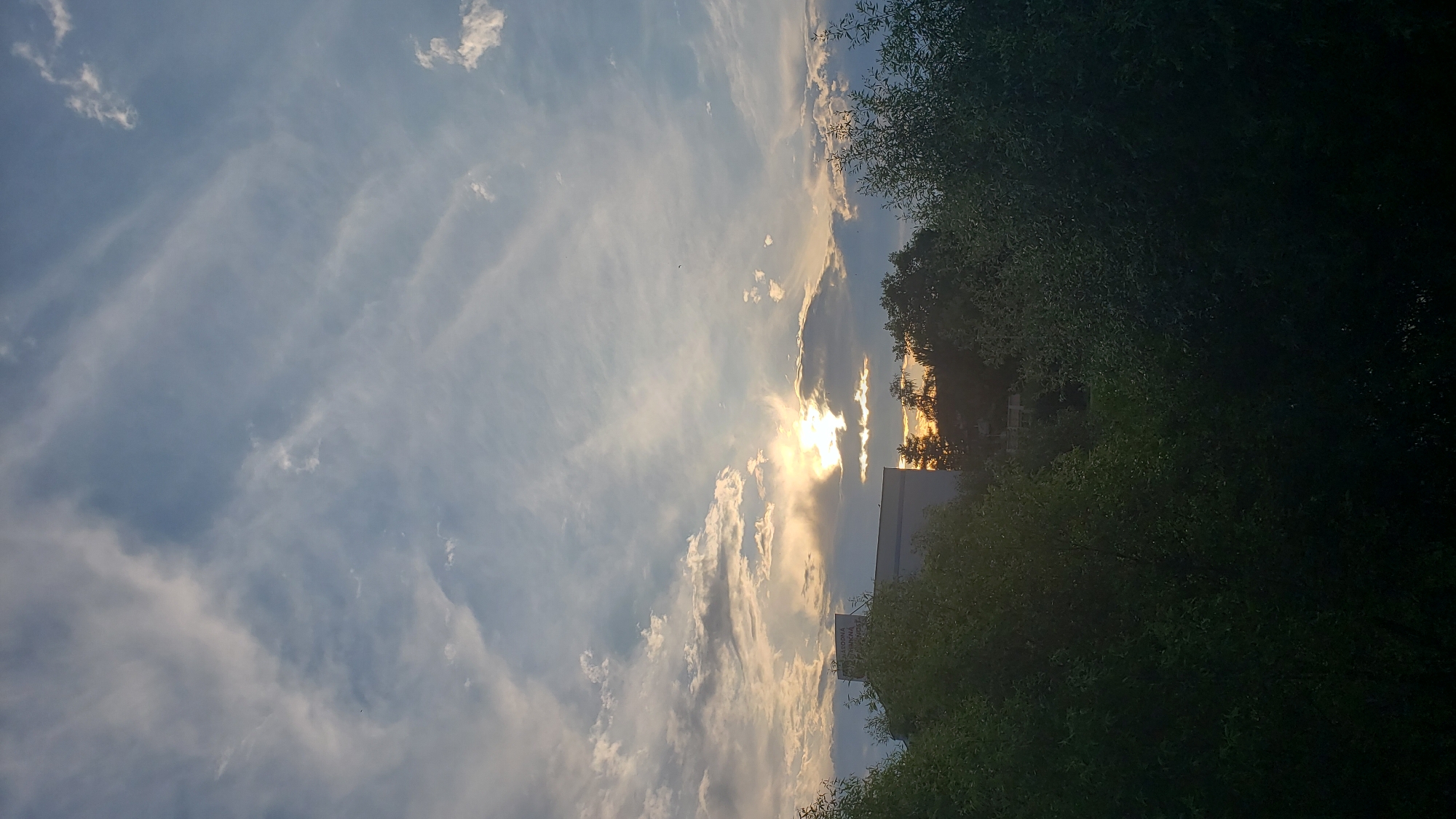 The image captures a sky scene with the sun partially obscured by clouds, casting a warm glow over the horizon. In the foreground, dark green foliage of trees dominates the lower half of the frame, obscuring the ground. Behind the trees, a portion of a white building with a sign is visible, and some trees with autumnal foliage are also present. The sky features a mix of light and dark clouds, with streaks of white clouds high up, creating a dynamic visual effect. The overall impression is of a natural setting within an urban environment, possibly during sunset or sunrise. The building in the background bears a sign with Slovakian text, suggesting the location is in Slovakia. Based on the visible building and general context, the scene appears to be in Prešov, Slovakia.