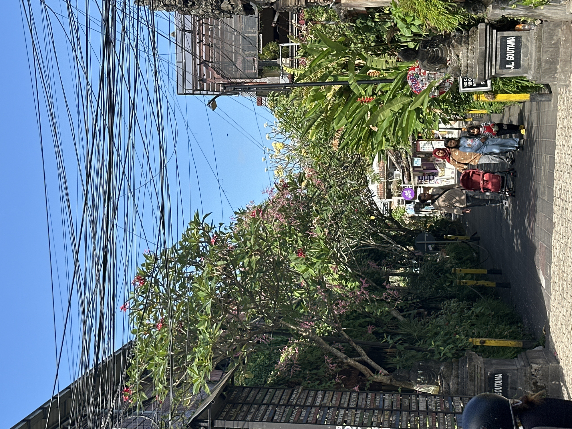 In Ubud District, Indonesia, a family walks down a paved street lined with lush greenery and businesses. A man, woman, and two young girls are seen walking together, with the woman pushing a red stroller. They are walking on the right side of the street, towards the background. The street is narrow and features a sidewalk on the left side with a large sign displaying a list of establishments. The sign indicates "JL. GOUTAMA" which is a street name in Ubud. The buildings on both sides of the street are covered in vines and foliage, creating a vibrant, tropical atmosphere. Overhead, a dense network of power lines crisscrosses the bright blue sky. A stone statue of a Buddha is visible on the right side of the street, near another sign that reads "JL. GOUTAMA". The overall scene depicts a bustling street in a tropical urban environment, typical of Ubud, known for its arts, crafts, and cultural heritage.