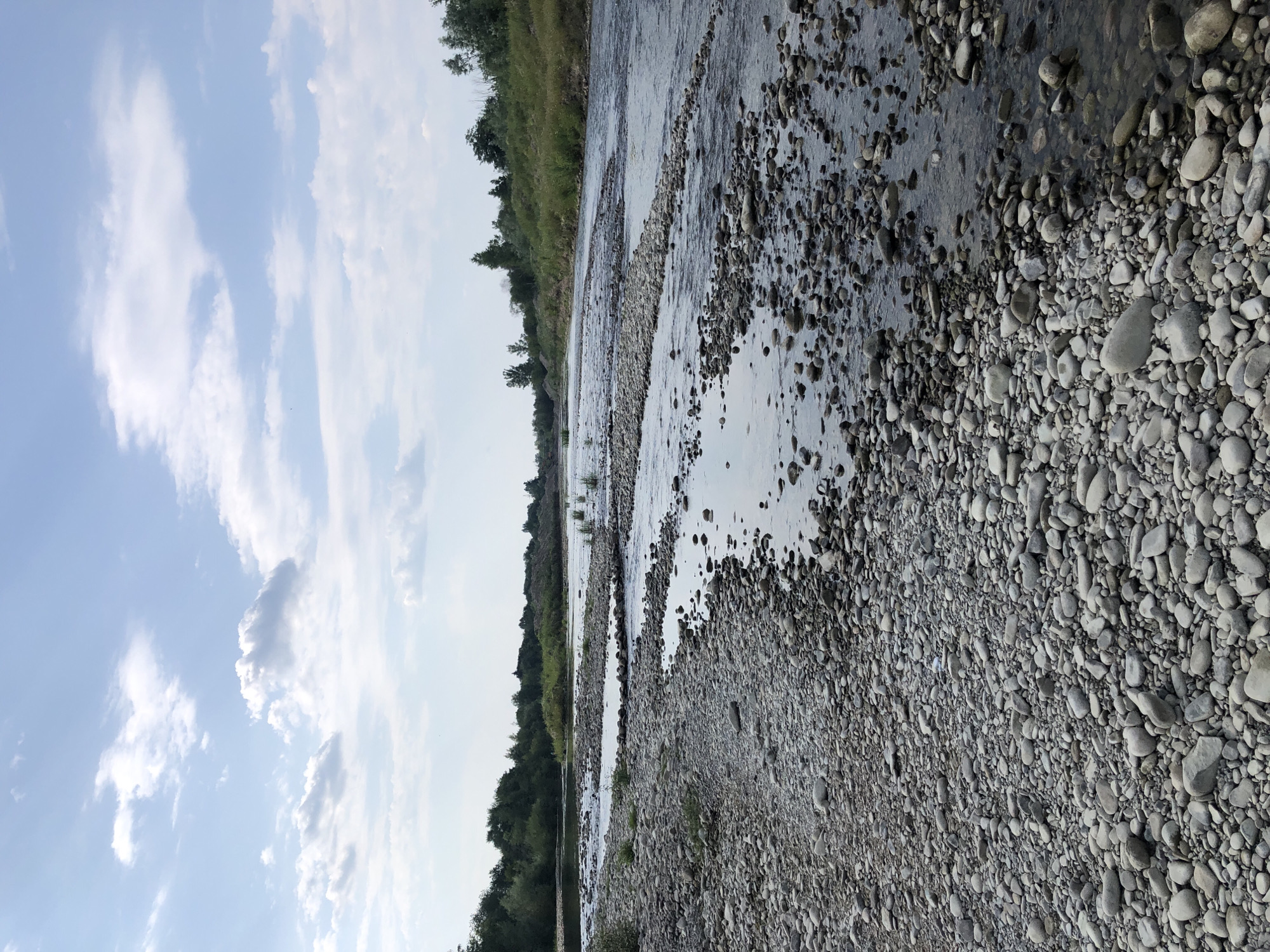 The image depicts a wide, shallow river flowing through a rocky, sparsely vegetated area. The riverbed is composed of numerous rounded stones of varying sizes, with clear water flowing over them, creating ripples and reflections. In the foreground, the rocky bank is densely packed with stones. The river extends into the background, where it is bordered by lush green trees and vegetation on both sides. The sky is a pale blue with scattered white clouds. There are no people or animals visible in the image. This scene is located in Nyzhnii Verbizh, Ukraine.