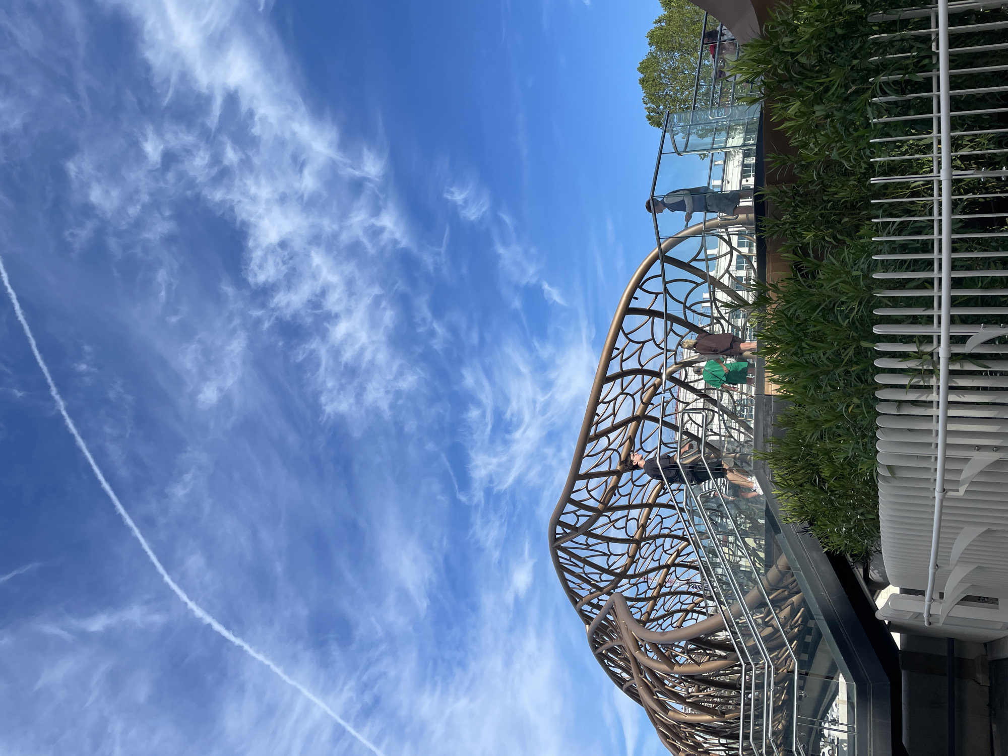 The image, correctly oriented, displays a modern architectural structure set against a vibrant blue sky dotted with wispy white clouds. A distinct aircraft contrail cuts diagonally across the upper left portion of the sky.
The central subject is a large, flowing, organic-patterned lattice structure, appearing to be made of a bronze or copper-toned metallic material. This intricate design, reminiscent of intertwined branches or roots, forms part of a walkway or elevated platform. The structure incorporates clear glass railings.
Several individuals are visible on and around this architectural feature. One person, wearing a dark shirt and white shoes, is seen leaning against a lower railing, gazing upwards. Further up the structure, other people are partially visible, including one in a dark top and another in a brown top, casually standing or walking.
Lush green foliage, possibly a landscaped area or a green roof, is integrated into the design, bordering parts of the structure. White railings or architectural elements, potentially belonging to an adjacent building or another part of the complex, are visible on the right side of the frame.
The scene depicts an outdoor setting on a bright, sunny day, likely midday or afternoon, characterized by clear weather. The overall impression is one of a contemporary urban or park environment, with people enjoying the unique architecture and the open air. There is no visible text in the image. The location context is Sochi, Russia.