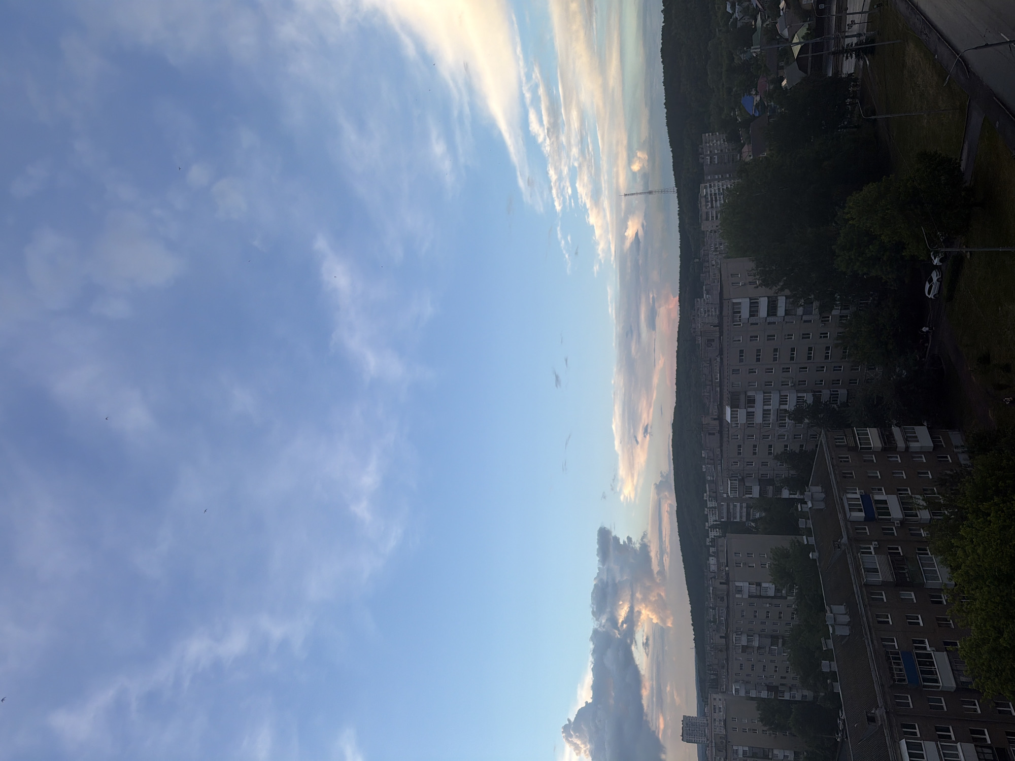 An elevated view captures an urban landscape nestled at the base of a dark, wooded hillside, all under a vast, partially cloudy sky. The image appears to be taken during either sunrise or sunset, indicated by the soft pink and orange hues painting the larger cloud formations near the horizon, contrasting with areas of clear blue sky and scattered white, wispy clouds. Several small, dark specks, likely birds, are visible soaring in the sky.
The midground and foreground are dominated by numerous multi-story residential buildings, likely apartment blocks, featuring multiple windows and balconies. Their architecture suggests a functional, possibly concrete construction. Green trees are interspersed among these structures. Further back, a dense, dark forest covers a prominent hillside or mountain range, forming a natural boundary against the sky. A tall, slender communication tower stands on the horizon, rising above the distant landscape.
At ground level, sections of paved roads or pathways are visible, along with streetlights. Two white cars are parked on a paved surface near some trees. No specific activity or event is depicted; the scene is a static landscape view. There is no visible text in the image.