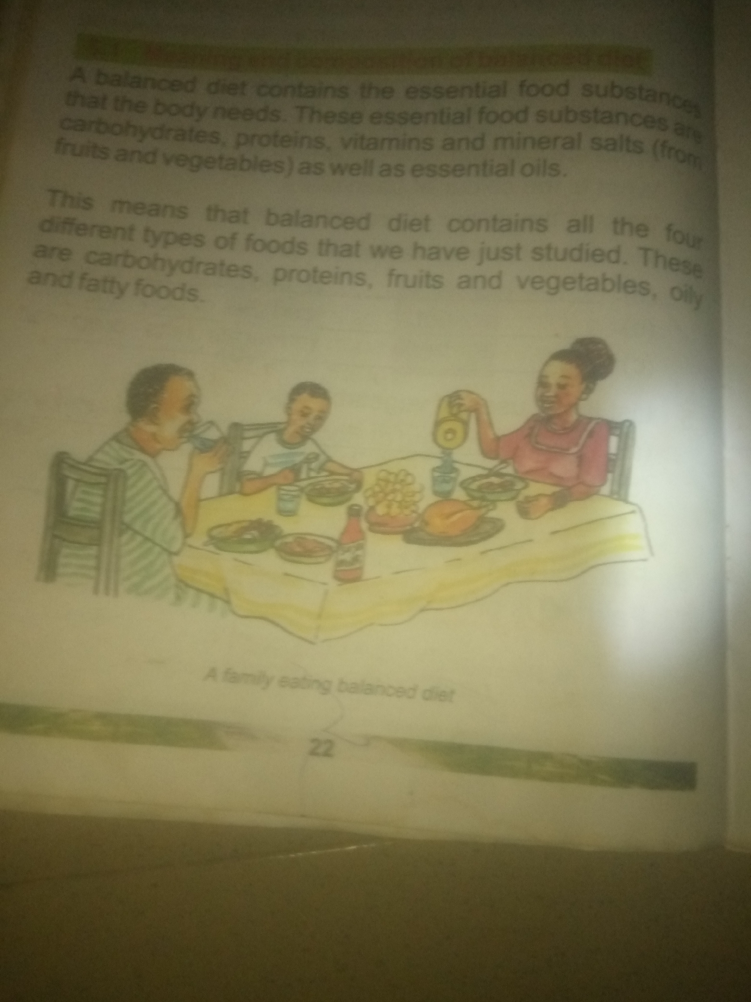 The image shows a page from a book with text and an illustration. The text discusses the concept of a balanced diet. The illustration depicts a family sitting around a dining table, engaged in a meal. A father figure on the left is drinking from a glass, while a younger boy on the right is also at the table. A woman on the right side of the table is pouring something from a bottle into a dish. There are plates of food, a roasted chicken, and other items on the table, which is covered with a yellow tablecloth. Below the illustration, a caption reads "A family eating balanced diet". On the lower right side of the page, the number "22" is visible, likely a page number. The background of the page is white, with some green coloring at the bottom, suggesting a book binding or decorative element. There is no information within the image that indicates the location is Jauro Yinu, Nigeria.