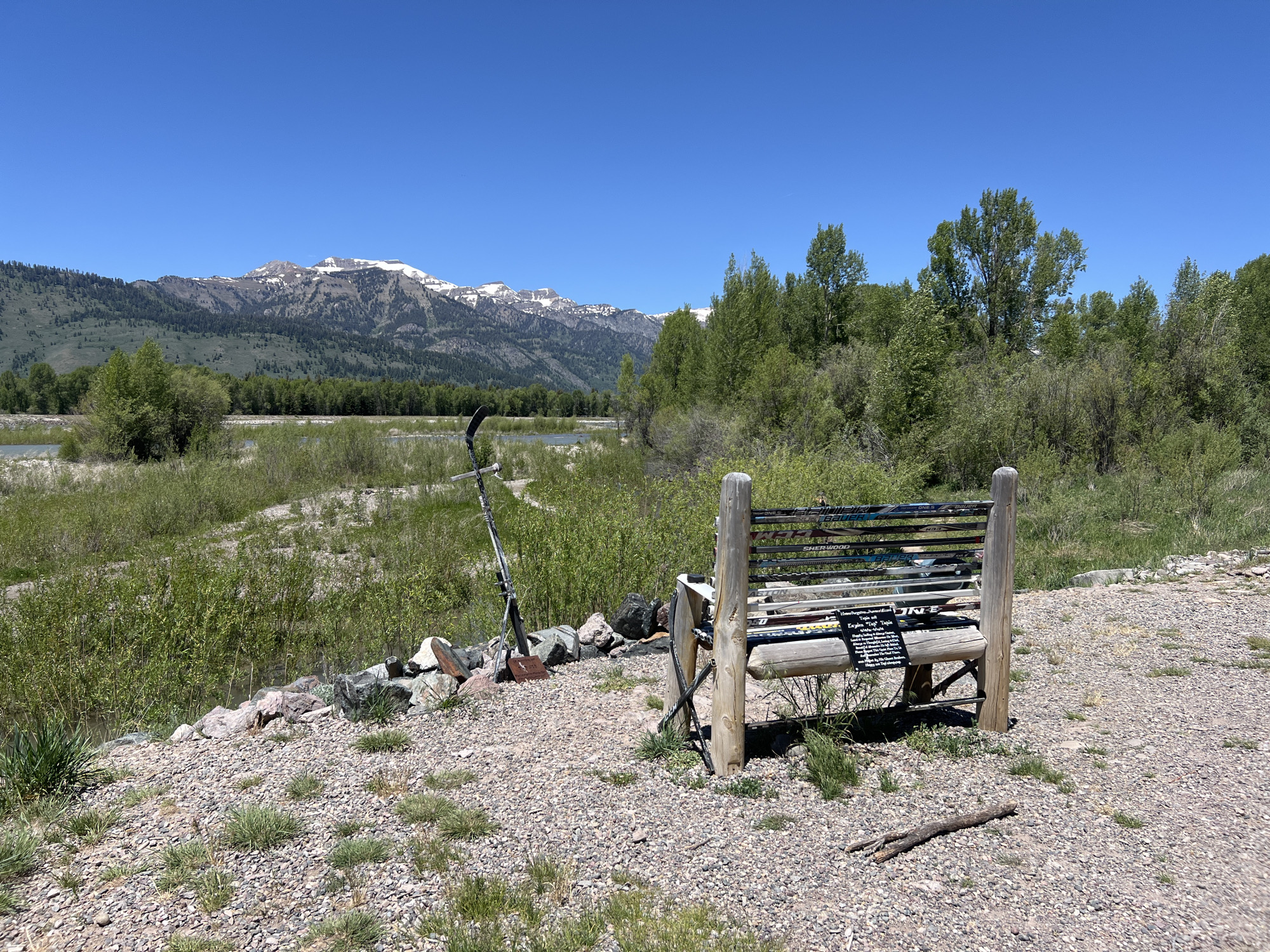 This image depicts a scenic outdoor environment in Wilson, United States of America, under a clear blue sky. In the background, a range of mountains with snow-capped peaks and forested lower slopes extends across the horizon. Below the mountains, a wide, light-colored river with a gravel or sand shoreline is visible, flanked by dense green riparian vegetation consisting of bushes and trees.
In the mid-ground, a dense line of green trees and bushes separates the river from the foreground. The foreground features a gravel-covered area or path. A rustic wooden bench is positioned on this gravel area, slightly to the right of the center. The backrest of the bench is distinctly constructed from multiple ice hockey sticks of various brands and colors. A rectangular black plaque with white text is affixed to the front wooden support beam of the bench, and some text, including "Love Teton Ragtime," "Molly-Marie," and "Remembering," is partially legible.
To the left of the bench, leaning against a pile of rocks near the edge of the gravel and the vegetation, is a long metallic object resembling a metal detector with a shovel attached to its lower portion. Several medium to large rocks are scattered along the bank leading down to the river. On the gravel path in front of the bench, a small, bifurcated wooden stick lies horizontally. No individuals are present in the scene.