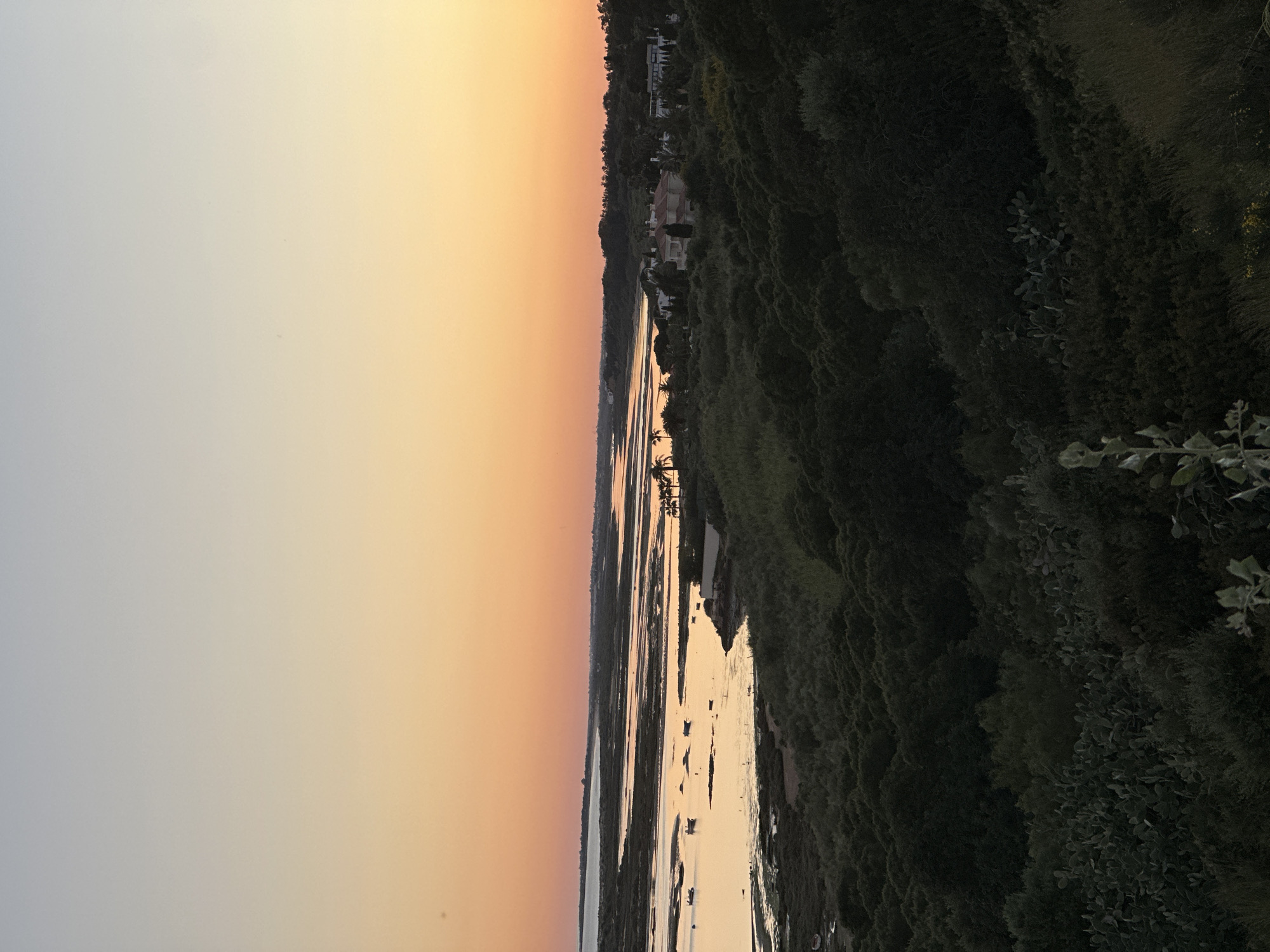 The image depicts a landscape at sunset near Vila Real de Santo António, Portugal. The scene features a waterway reflecting the warm colors of the sky. The left side of the image is dominated by the gradient of the sky, transitioning from a light grey to an orange hue. On the right side, there is a densely vegetated area with trees and shrubs. A few white buildings are partially visible along the top edge of the trees. Within the waterway, there are patches of land or sandbanks visible, along with some small boats, reflecting the light. Palm trees are also present on an island. The image has been rotated, so that the horizon appears vertical.