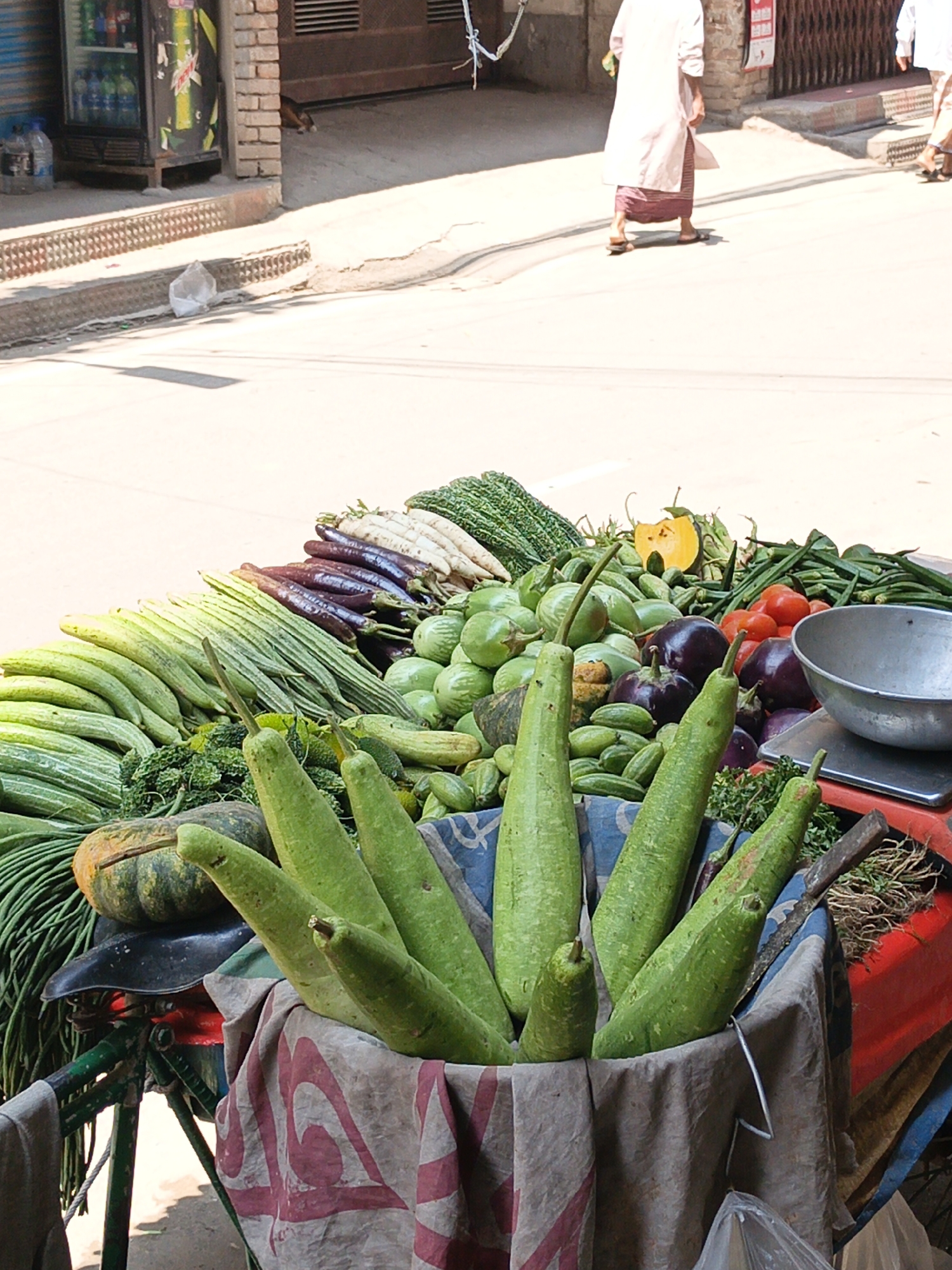 A street vendor's cart overflows with fresh produce in a city identified only as Unknown, Unknown. The cart is heavily laden with a variety of vegetables, including long green gourds, eggplant, round green squash, tomatoes, okra, and other greens. A metal bowl sits on a scale, presumably for weighing the produce. The cart itself is draped with a fabric featuring a red and tan pattern. In the background, indistinct figures walk along the street. A storefront with a soda vending machine is partially visible, suggesting a commercial area. The lighting suggests it is daytime.