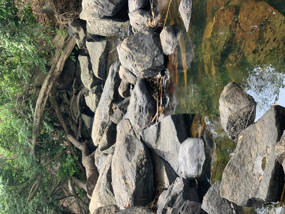 The image shows a rocky stream bed in Egbeda, Nigeria (latitude: 7.119, longitude: 5.362). The stream is shallow, with clear water flowing over large, gray rocks. The rocks are scattered and jagged, forming small pools and riffles. Dense green foliage overhangs the stream on the left side of the image. The rocks are weathered and smooth. The water appears clean and clear, with no visible signs of pollution. There are no people or animals visible in the scene.