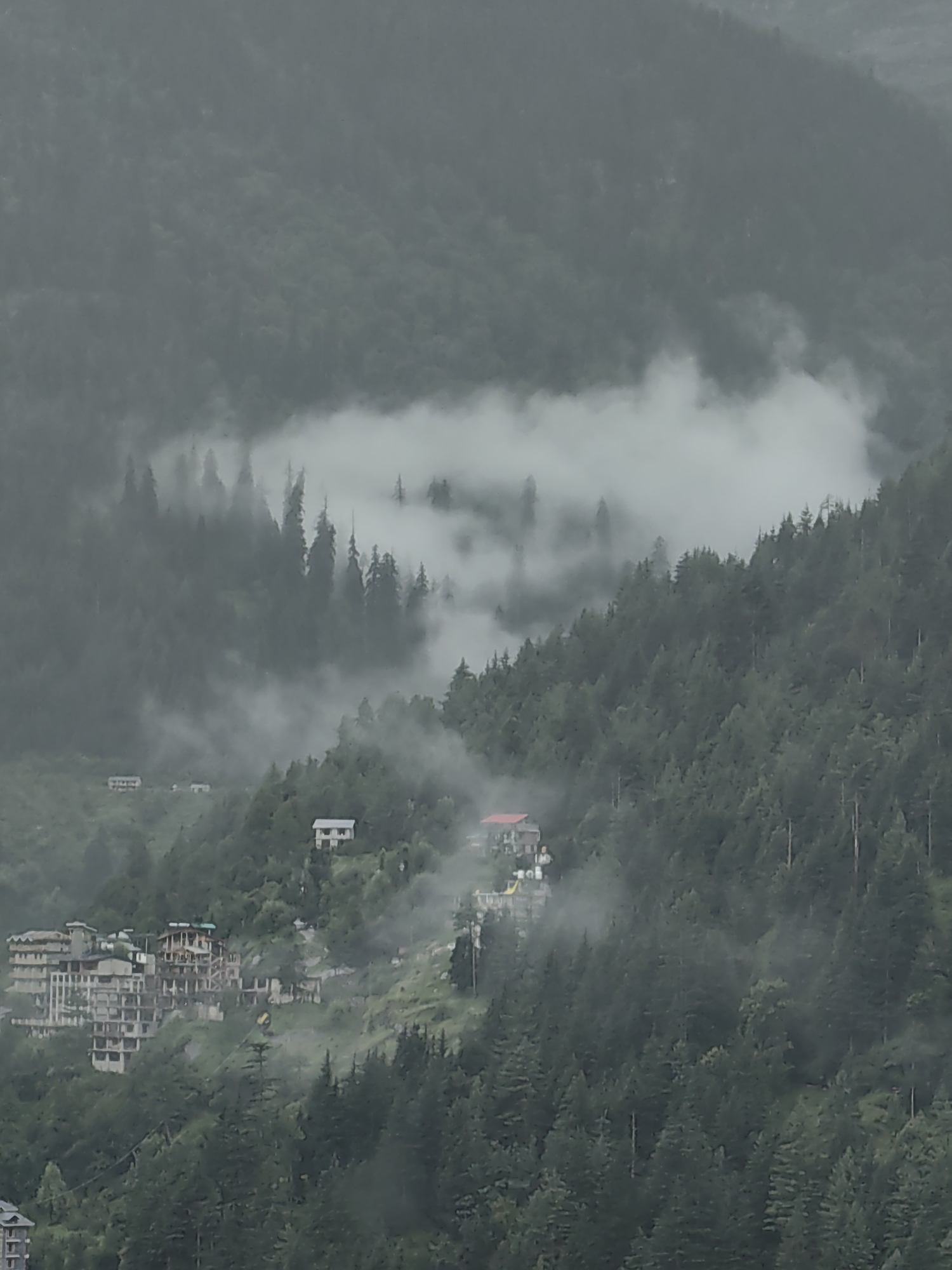 This image captures a misty, mountainous landscape in Vashisht, India, likely a view of the surrounding hills and a settlement. Dense, dark green coniferous trees cover the slopes of the mountains, with the upper portions of the peaks obscured by swirling white fog. In the midground, several structures are visible nestled amongst the trees on the hillside. These appear to be buildings, some appearing as houses with red roofs, and others as larger, multi-story buildings that might be hotels or residential complexes. The architecture suggests a blend of traditional and more modern construction. The atmospheric conditions create a somewhat hazy and subdued visual effect, emphasizing the natural beauty and the remote, hilly terrain.