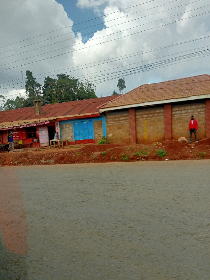 The image depicts a street scene in Karatina, Kenya, under an overcast sky. The foreground is dominated by a grey asphalt road, slightly blurred as if captured from a moving vehicle. Along the roadside, a raised bank of reddish-brown earth separates the road from a series of single-story buildings.
On the far left, a person wearing blue stands near a red-painted building with a corrugated iron roof. Visible text on this building includes "AIRTEL" and "M-PESA," indicating it likely functions as a mobile money and communication service point. A small wooden table or bench is placed outside, and another individual is seated within the building. Adjacent to this structure is a building featuring a distinctive bright blue window frame.
Further to the right, a building with a tiled, reddish-brown roof and exposed brick walls stands. A young man, dressed in a bright red top and dark trousers, stands casually against its wall on the far right. In the background, tall green trees rise against the cloudy sky. Multiple power lines or telephone wires stretch across the upper part of the frame. The scene captures a typical daytime view of a semi-urban or rural environment, characterized by functional structures and local activity. The time of day appears to be daytime, with significant cloud cover.