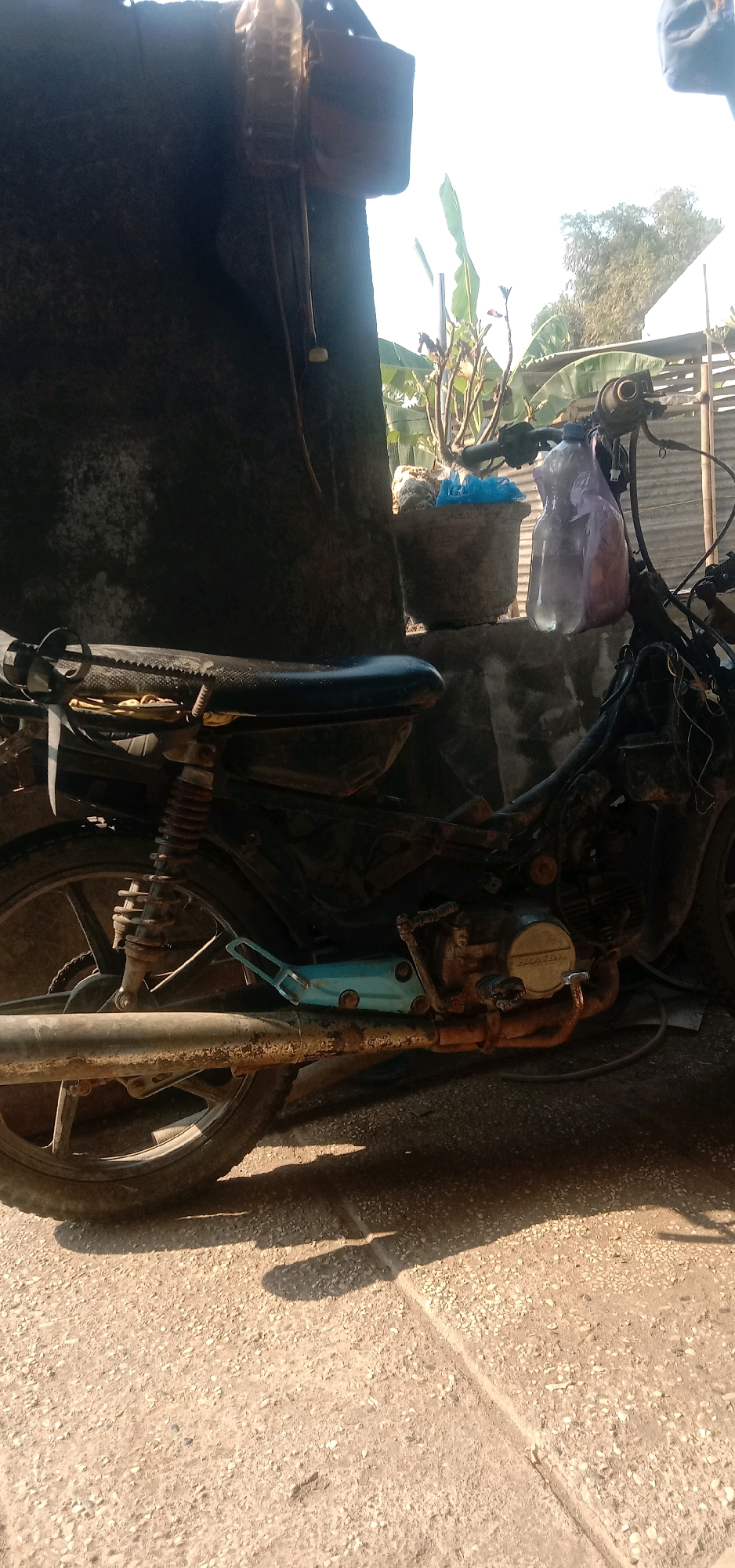 This image depicts the side view of a heavily weathered, possibly disused, motorcycle parked outdoors. The motorcycle is dark colored and appears to be missing some of its body panels, revealing its internal components. The engine casing has the "HONDA" logo visible. A blue bracket is attached to the swingarm, and the exhaust pipe is rusty. The motorcycle is situated on a rough, concrete-like ground surface that shows shadows from the motorcycle and what appears to be a wall or structure to the left. In the background, there are some plants, including banana leaves, and a corrugated metal structure. A plastic bottle filled with a light-colored liquid and wrapped in a light-colored plastic bag hangs from the handlebars. The overall scene suggests a storage or repair area, possibly in an outdoor yard or alleyway in a warm climate. The image does not contain any identifiable people or specific architectural landmarks that would definitively place it in Cangkring Rembang, Indonesia, beyond the user's prompt.
