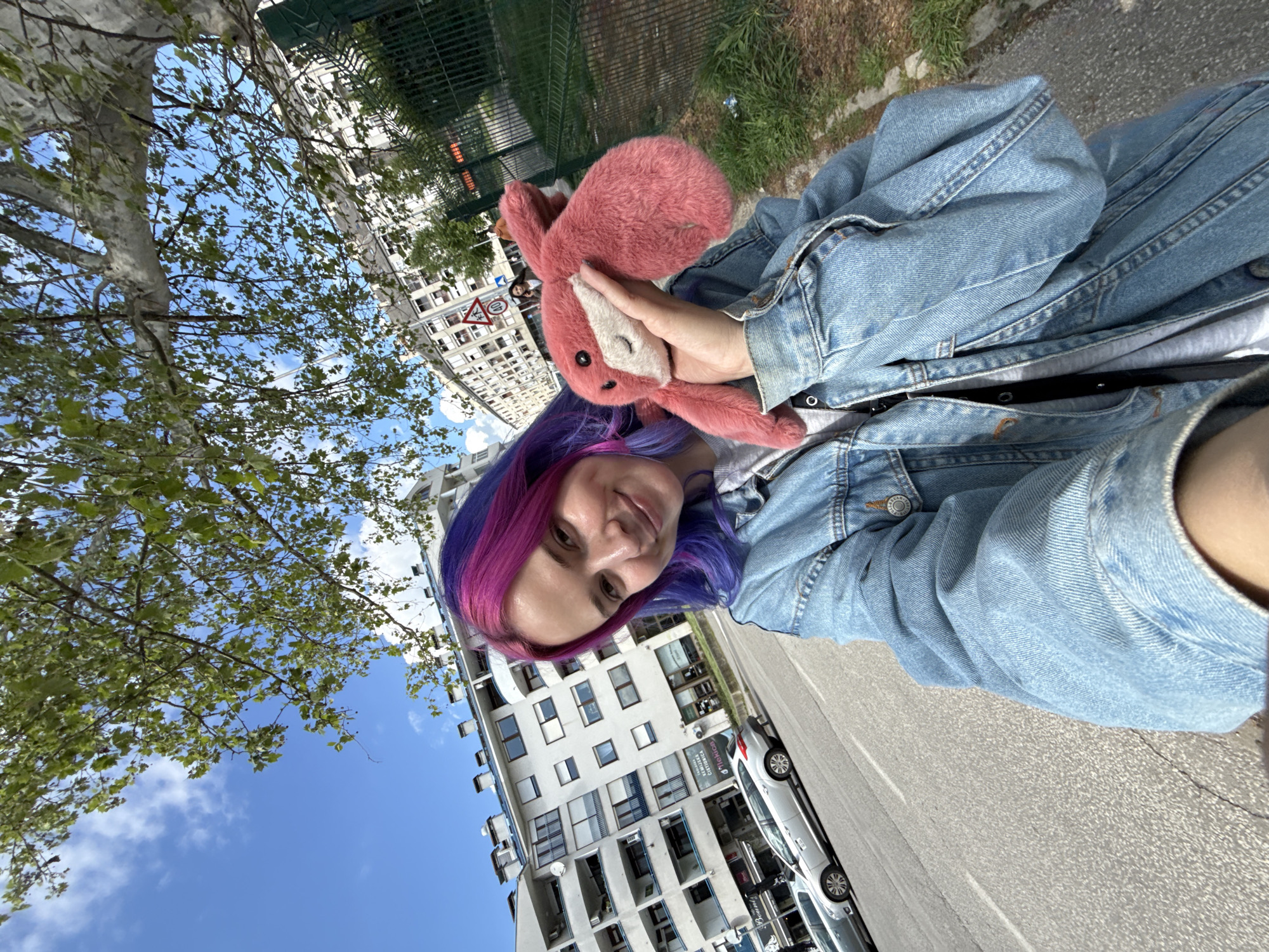 A person with vibrant purple and pink hair is taking a selfie outdoors in an urban setting. They are smiling at the camera and wearing a light blue denim jacket over a white top. Held in their hands is a pink plush toy resembling a rabbit.
The background features a bright, sunny daytime scene with a clear blue sky and scattered white clouds. To the left, a large tree with green leaves partially frames the view. To the right, a multi-story, modern-looking apartment building with numerous windows and balconies lines a street where several cars are parked, including a white hatchback. A green metal fence separates the street from a grassy area.
Notable details include a traffic warning sign with a red triangle showing two walking figures, likely indicating a children's crossing. On one of the buildings, a sign is partially visible with the text "ORTODONTIA" (or "ORTODONCIJA"). The button on the subject's denim jacket has the text "ORIGINAL JEANS" partially visible. The person's cheerful expression contributes to a positive, relaxed atmosphere. The setting is consistent with a city street in Zagreb, Croatia.