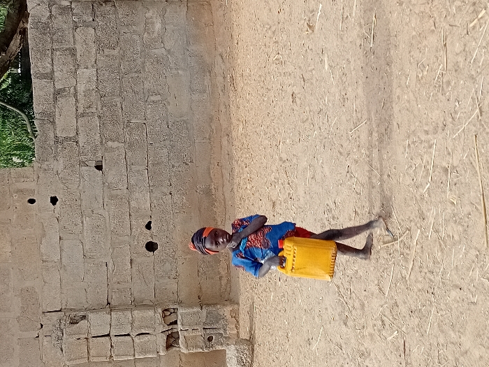 The image displays a young child standing outdoors, holding a yellow jerrycan. The child is positioned slightly to the right of the center of the frame and is looking directly at the camera. They appear to be a toddler or a very young child, dressed in a long-sleeved shirt or dress with a blue and red patterned fabric, and a dark head covering. Their feet are bare.
The child is holding a bright yellow plastic jerrycan or container with both hands, positioned in front of their body. The jerrycan has a ribbed texture on its sides.
The setting appears to be a dry, open area. To the left of the child, there is a wall constructed from light-colored, possibly concrete or mud, blocks. The wall shows signs of wear, with some cracks, uneven surfaces, and several circular holes or openings at various heights. Towards the bottom left of the wall, some blocks appear damaged or missing. Behind the upper left section of the wall, some green foliage or leaves are visible, suggesting the presence of a tree or plant.
The ground beneath the child and extending into the foreground and background is a light brown or sandy color, appearing dry and dusty. Scattered throughout the ground are light-colored pieces of dry grass or straw.
The lighting suggests it is daytime, with bright, even illumination. There is no visible text in the image.