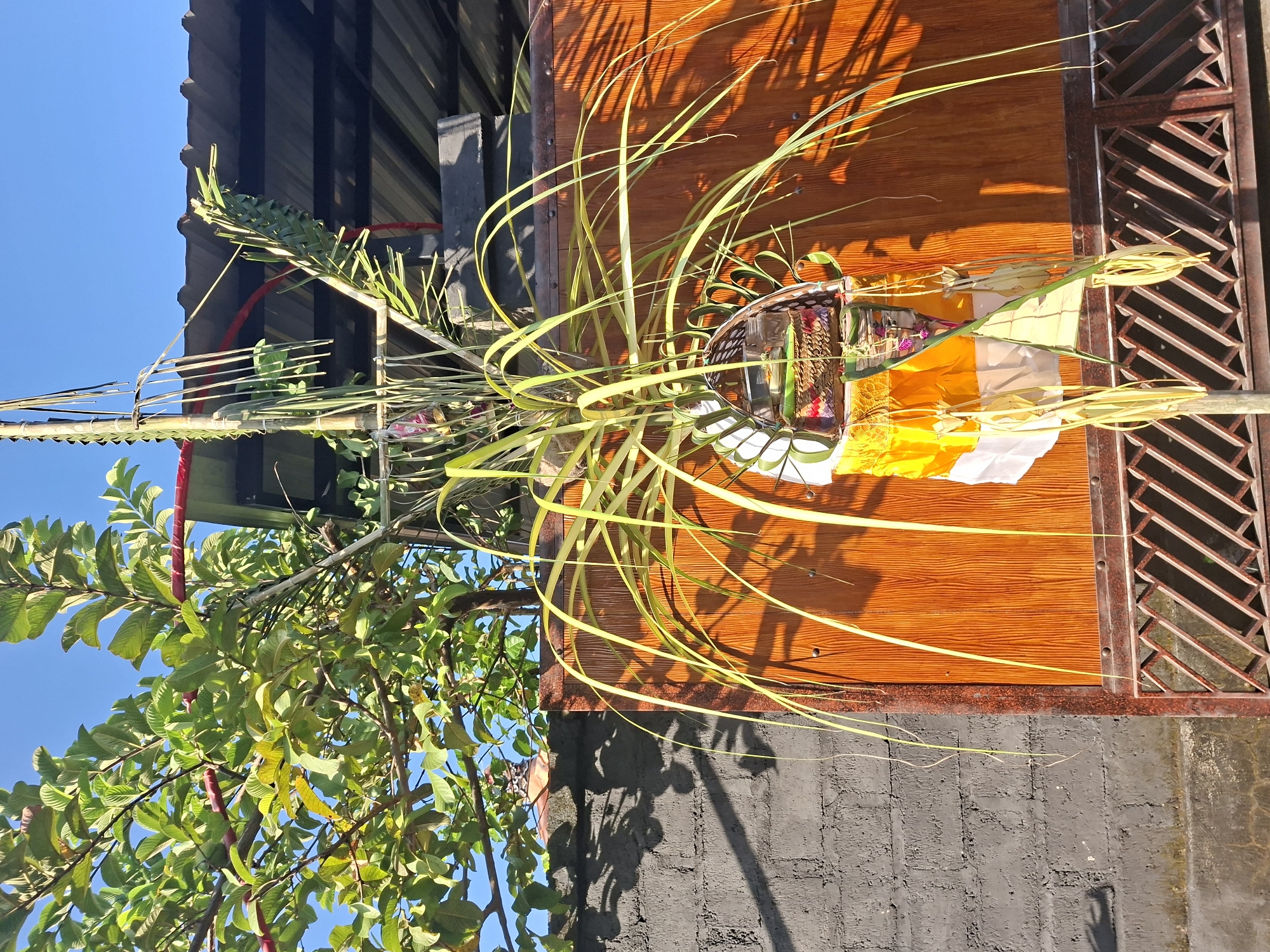 An outdoor, eye-level, medium shot captures a religious offering of woven palm leaves and fabric hanging from a bamboo pole. The offering is suspended in front of a wooden gate with a dark grey brick wall to its left. The gate is made of dark reddish-brown metal with a diamond pattern across the bottom half, and the wooden portion features a vertical wood grain pattern. The offering itself is adorned with yellow and white fabric, and it contains a woven basket with several small items inside. Long, thin green leaves hang from the offering, some arching towards the right. To the left of the offering, a tree with abundant green leaves grows, its branches reaching towards the top of the frame. A dark-colored roof with a corrugated pattern is visible in the background, above the gate. The scene is illuminated by bright sunlight, casting shadows on the wall and gate. The sky is a clear, vibrant blue. The location is identified as Blahbatuh, Indonesia.