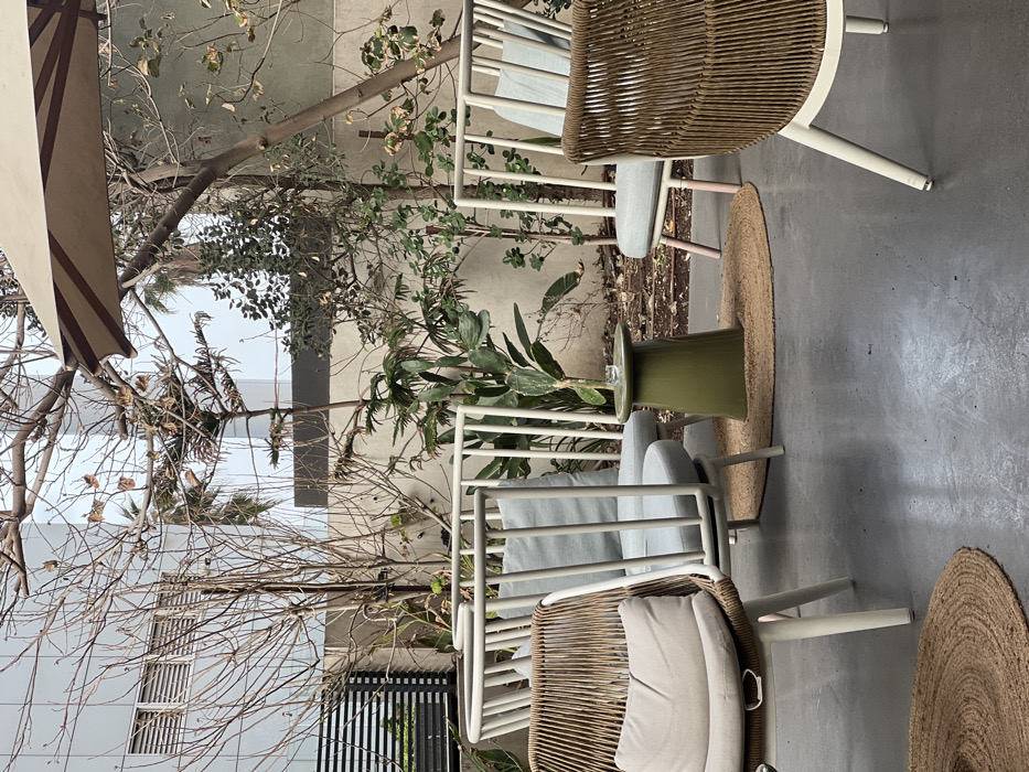 An outdoor setting shows two woven-back chairs with light cushions, placed around a cylindrical green table on a concrete surface. Circular straw mats rest partially under the furniture legs. A bare tree with sparse leaves intertwines with the furniture. A building facade with black metal grills and gray walls is visible through the branches. A striped awning shades part of the scene.