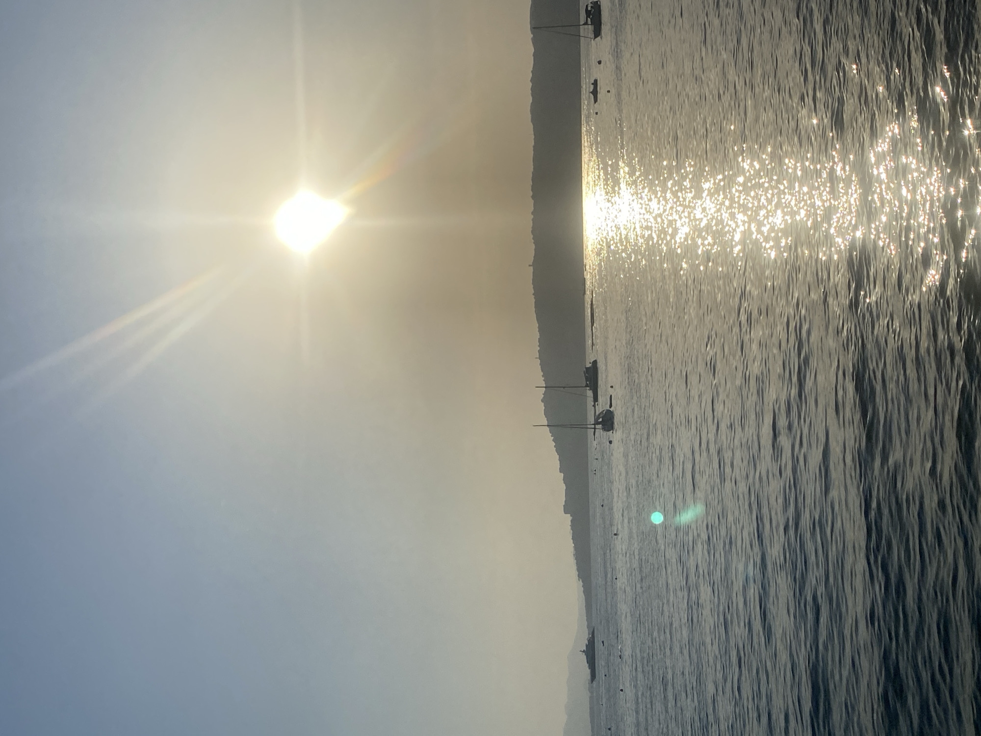 The image depicts a serene coastal scene bathed in the golden light of the setting sun. The sun, positioned high and slightly to the right of center, casts a brilliant glare, its rays fanning out across the pale blue sky, which transitions to a hazy yellow near the horizon.
The foreground is dominated by a body of calm water, with gentle ripples reflecting the sunlight in a shimmering path that stretches towards the distant shore. Several boats are scattered across the water. To the left, a large yacht is visible, its form silhouetted against the hazy background. Closer to the center and right, smaller sailboats with their masts standing tall are anchored. A few buoys dot the water's surface.
In the mid-ground, a long, tree-covered coastline stretches horizontally, its details softened by the atmospheric haze and the fading sunlight. A few structures, possibly buildings or watchtowers, can be discerned along the elevated terrain. In the far distance, faint outlines of mountains are visible.
The overall impression is one of tranquility and natural beauty, characteristic of the Antibes coastline, France, during a picturesque sunset. The lack of visible people suggests a quiet moment, perhaps enjoyed from a boat or a seaside vantage point.