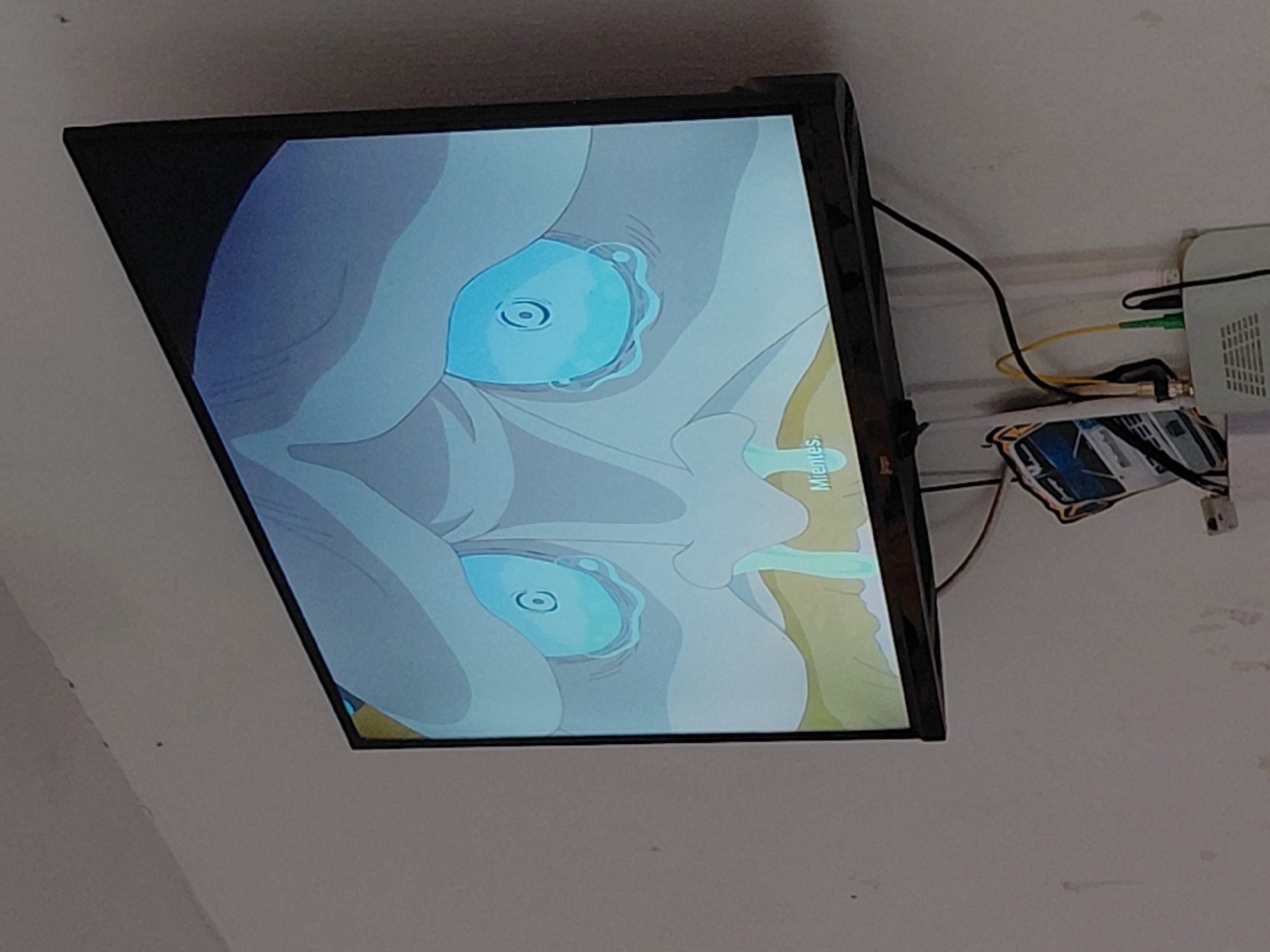 A flat-screen television is mounted on a white wall, displaying a close-up animated image of a character's face with large, tear-filled eyes. The character appears distressed. Below the television, a white internet modem is visible, connected by cables. A small, folded piece of paper with an image of a vehicle is attached to the wall near the modem. The wall itself shows signs of age and wear. This scene is located in Santa Ana, Venezuela.