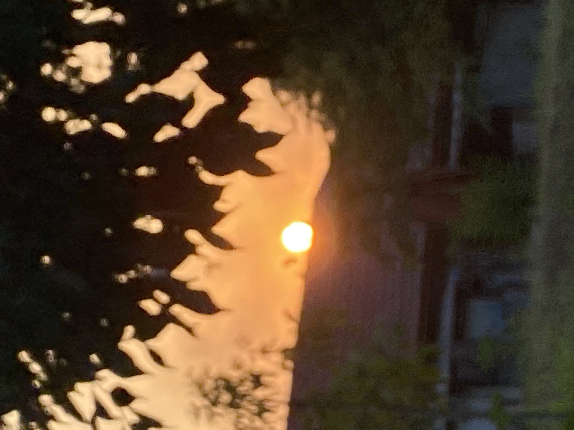 The image depicts a sunset behind trees and a building. The sun, a bright orange orb, is partially obscured by dark foliage, casting a warm glow across the sky. The leaves appear as dark silhouettes against the vibrant orange and yellow hues of the sunset. In the midground, a building with a reddish roof is visible, also silhouetted by the setting sun. The foreground consists of green grass and more dark foliage. The overall impression is one of a serene evening scene. The metadata does not specify a location in Banjarbaru, Indonesia.