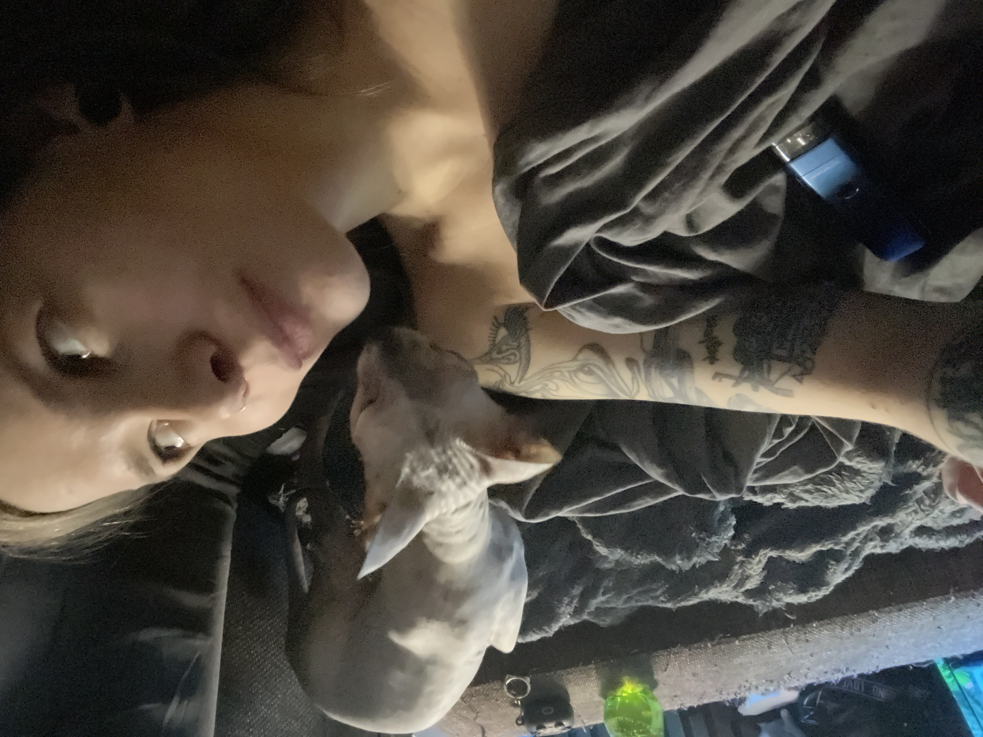 The image displays an indoor scene in Khimki, Russia, featuring a female individual and a Sphynx cat on a dark, upholstered surface, likely a couch or bed. The individual, visible from the chest up, is covered by a dark gray textured blanket. She has light skin, a small silver ring piercing in her left nostril, and numerous dark tattoos covering her left arm and shoulder. Her head is tilted slightly, and her gaze is directed upwards and to the right. A light-colored, hairless Sphynx cat is positioned on her chest/shoulder area, with its head lowered towards her neck, appearing to sniff or lick. A blue and silver vape pen rests on the dark gray blanket near the individual's left arm. In the upper left background, on the upholstered surface, a translucent green glass object and a small dark electronic device with a metallic ring are visible. The environment is dimly lit.