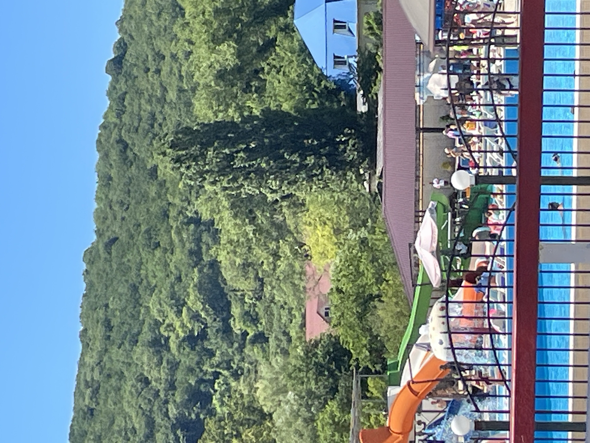 The image shows a sunny day at a water park in Dzhubga, Russia. In the foreground, a bright blue swimming pool is visible, bordered by a red and black fence. Beyond the fence, there are people relaxing on lounge chairs, and a large waterslide complex with orange and green slides is present. A large, tall tree stands out among the lush green foliage of the forested hills that form the background of the scene. A blue, geometric-shaped building with windows is visible on the right side of the image, also nestled amongst the trees. Several umbrellas provide shade around the pool area.