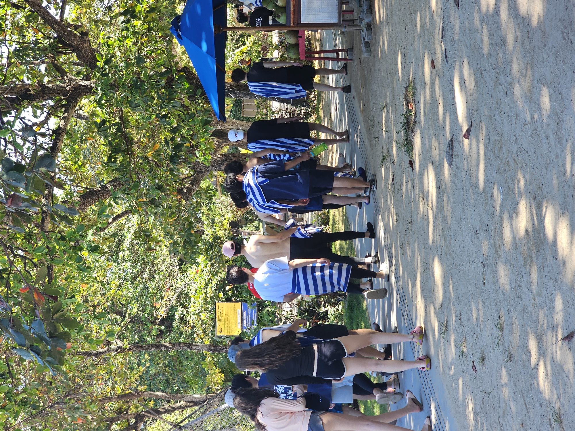 In Denpasar, Indonesia, a group of people, many wearing striped towels, are standing in line on a path next to a sandy area. The path is shaded by trees. A blue umbrella covers a stand selling coconuts at the end of the line. A yellow sign is also visible along the path.
