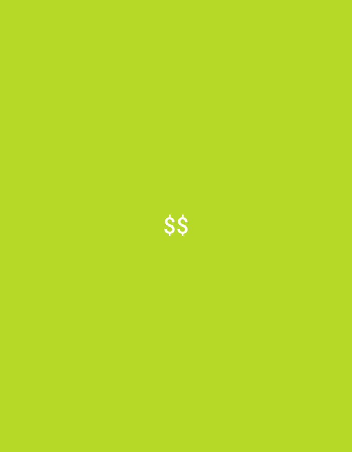 Two dollar signs, rendered in white and in a sans-serif font, are centrally located on a lime green background.