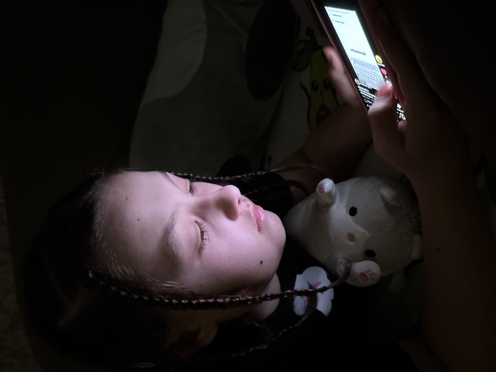 In a dark, intimate setting, likely a bedroom in Chaikovsky, Russia, a young person lies down, illuminated primarily by the glow of a smartphone screen. The subject, appearing to be a female with dark braided hair, rests their head on a pillow, with their face softly lit from below. Their eyes are open, focused intently on the device.
They are holding a pink-cased smartphone with both hands, actively engaging with its interface. The screen displays a messaging application or a search bar with a visible keyboard. Clearly discernible text includes the Russian word "идеятрейлер" (idea trailer) in the input field, and a partially visible word that might be "обоженьяшик". Emojis or reaction icons are visible on the left side of the screen.
Beside the subject's head, a small, white plush toy resembling a cat or a similar animal is visible, lying on its back. A small white flower charm is attached to one of the braids framing the subject's face. The overall dimness of the scene, with the phone as the sole light source, suggests it is nighttime. The person wears a light-colored top with faint patterns, possibly depicting cartoon characters, visible in the background. The ambiance is one of quiet absorption and connection with the digital world.